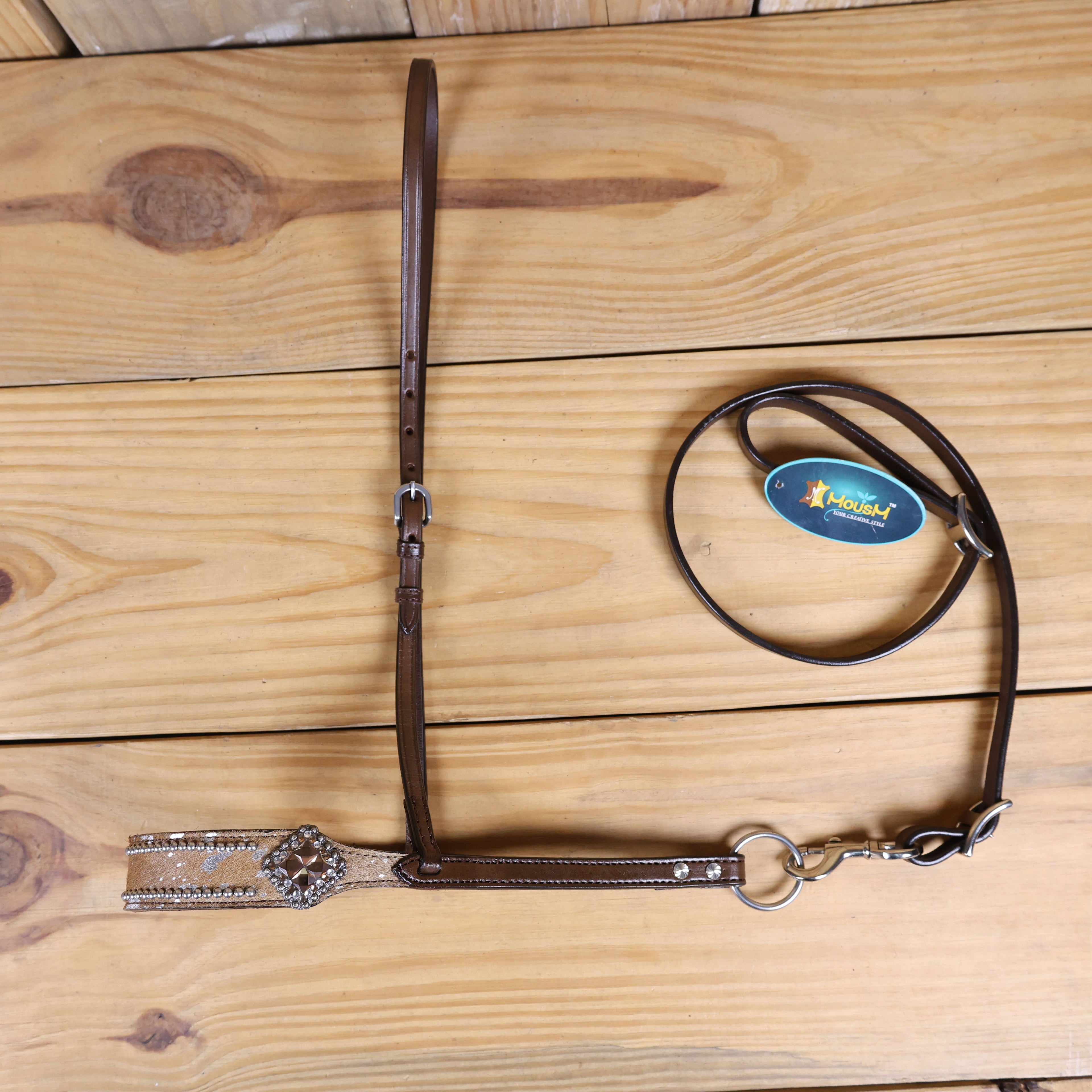 MOUSM Genuine Cow Hide Leather Tie Down Noseband with Leather Strap for Horse - Decorated with Brown Metallic Acid Wash Natural Hair On Cowhide and Rhinestone Conchos, 1 Meter Strap Length and 6/8" Inches width.
