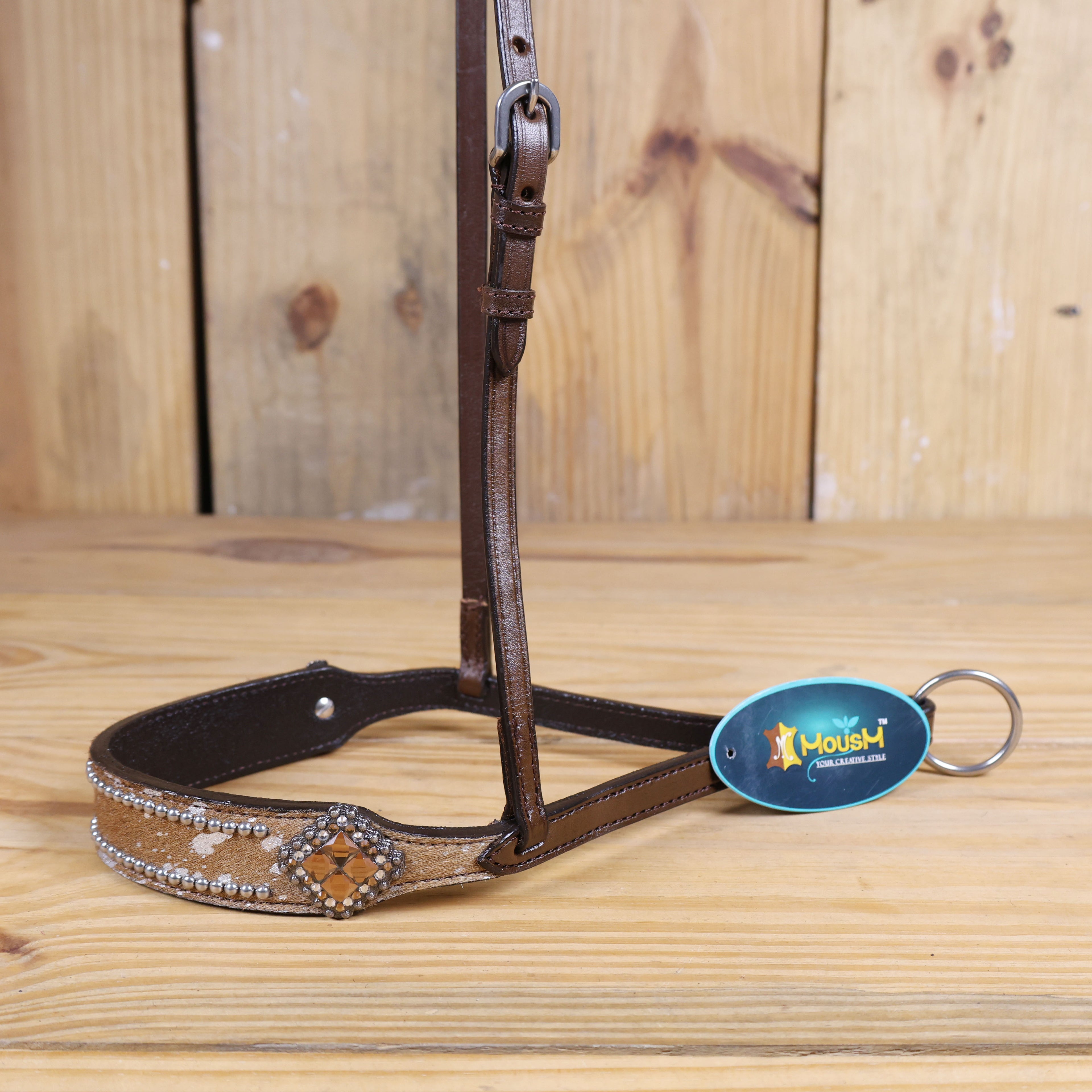 MOUSM Genuine Cow Hide Leather Tie Down Noseband with Leather Strap for Horse - Decorated with Brown Metallic Acid Wash Natural Hair On Cowhide and Rhinestone Conchos, 1 Meter Strap Length and 6/8" Inches width.