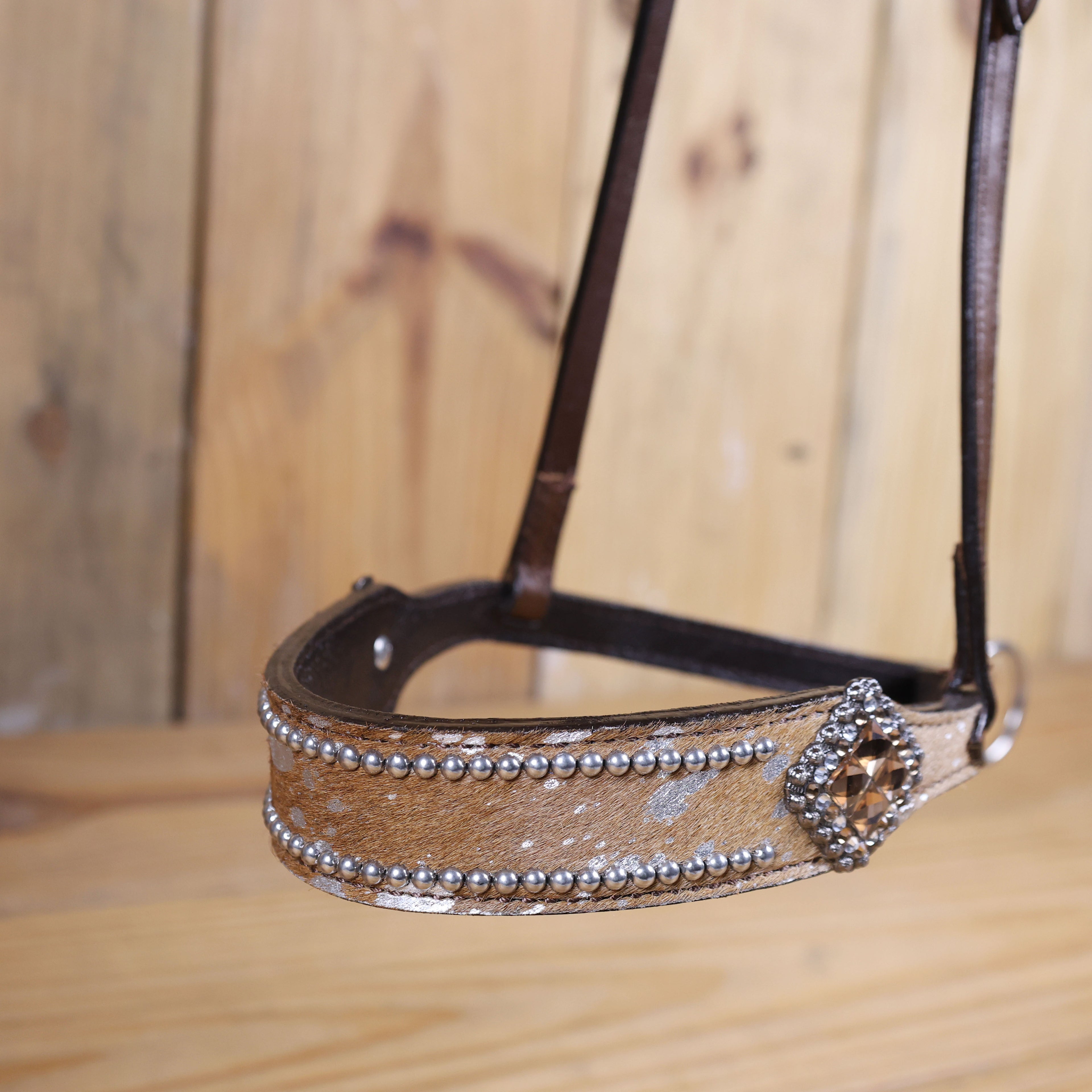 MOUSM Genuine Cow Hide Leather Tie Down Noseband with Leather Strap for Horse - Decorated with Brown Metallic Acid Wash Natural Hair On Cowhide and Rhinestone Conchos, 1 Meter Strap Length and 6/8" Inches width.