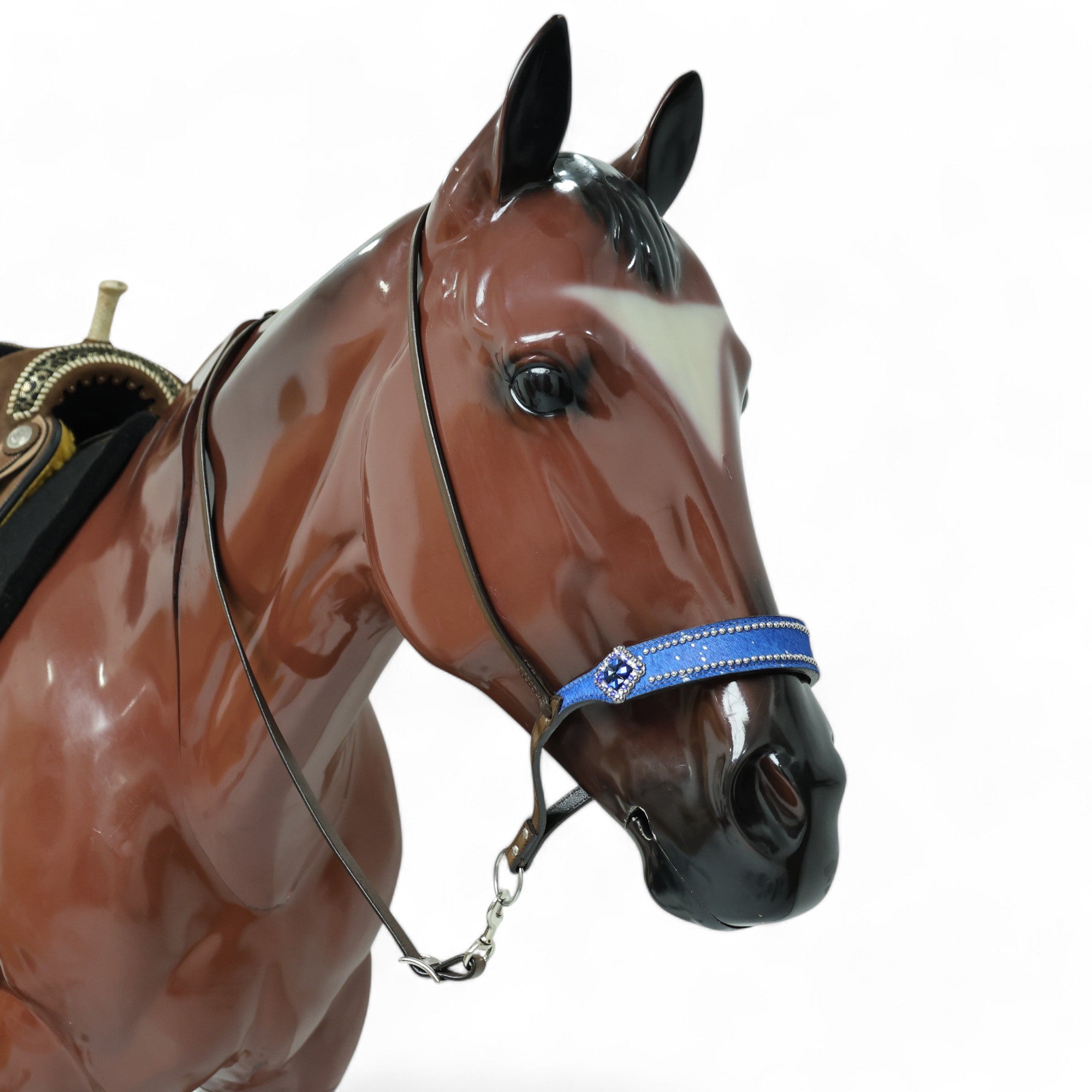 MOUSM Genuine Cow Hide Leather Tie Down Noseband with Leather Strap for Horse - Decorated with Royal Blue Metallic Acid Wash Natural Hair On Cowhide and Rhinestone Conchos, 1 Meter Strap Length and 6/8" Inches width.
