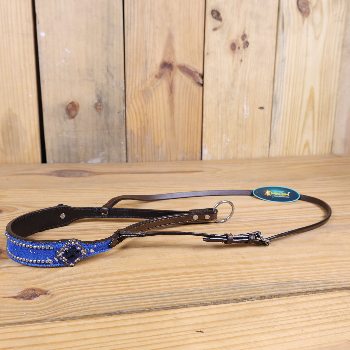 MOUSM Genuine Cow Hide Leather Tie Down Noseband with Leather Strap for Horse - Decorated with Royal Blue Metallic Acid Wash Natural Hair On Cowhide and Rhinestone Conchos, 1 Meter Strap Length and 6/8" Inches width.