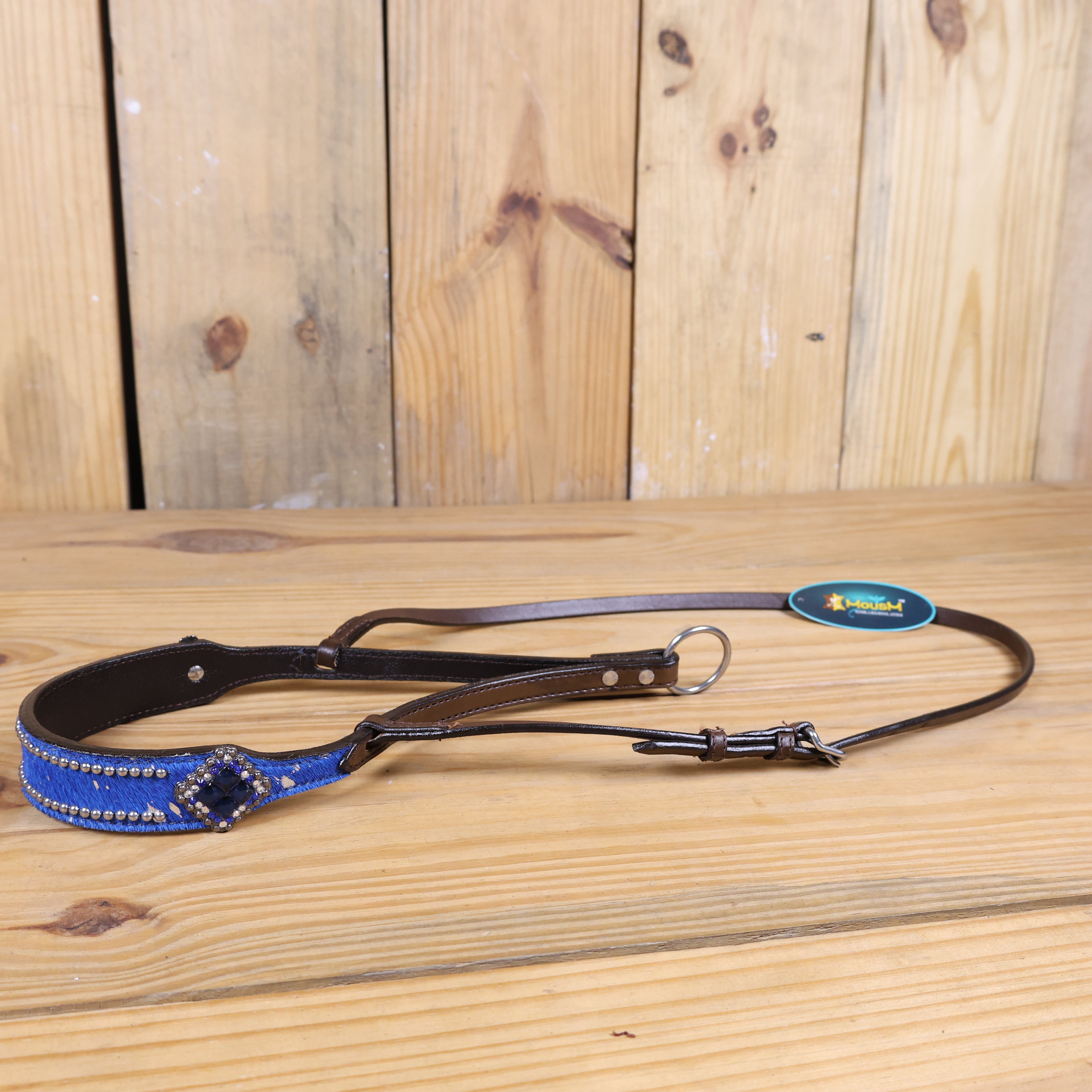 MOUSM Genuine Cow Hide Leather Tie Down Noseband with Leather Strap for Horse - Decorated with Royal Blue Metallic Acid Wash Natural Hair On Cowhide and Rhinestone Conchos, 1 Meter Strap Length and 6/8" Inches width.