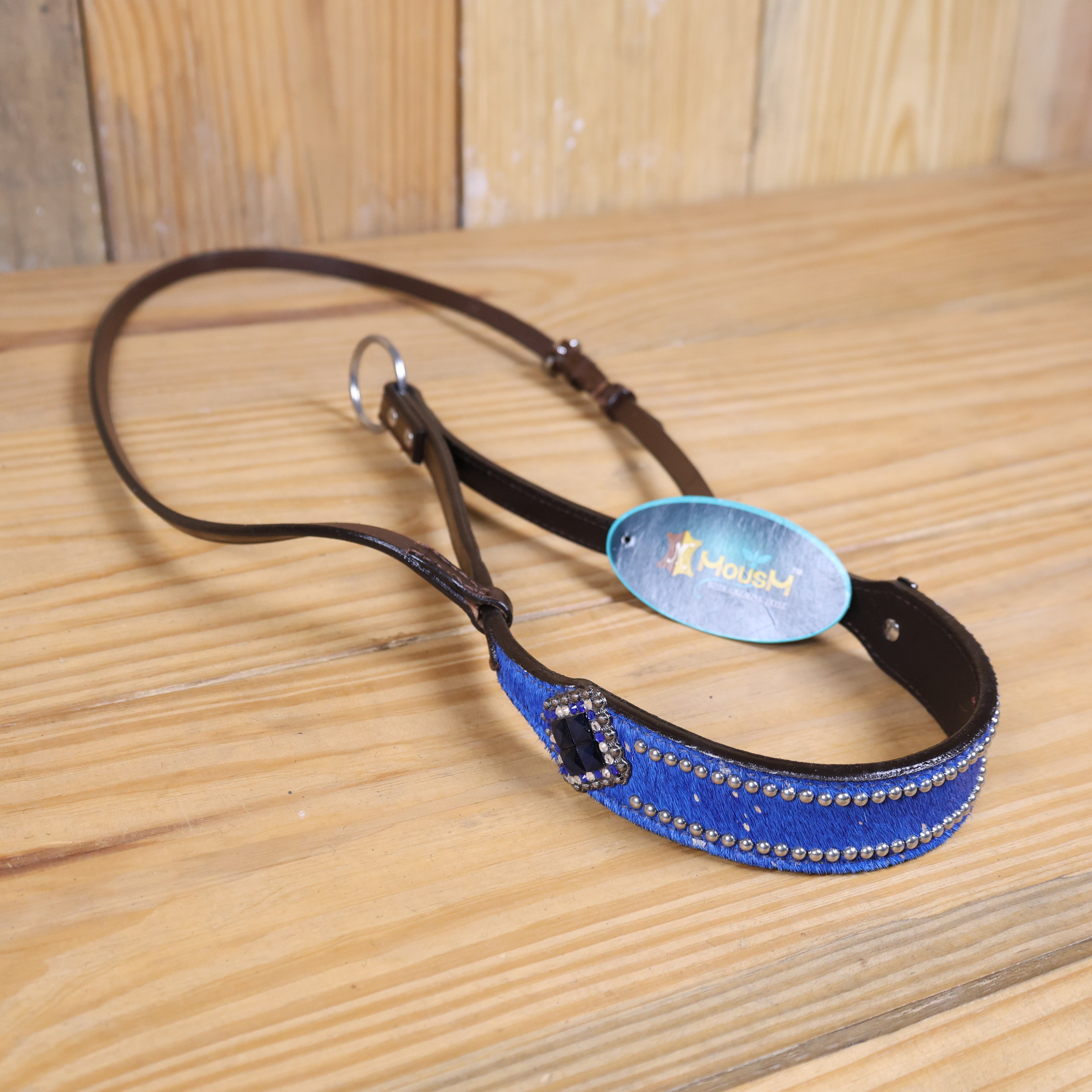 MOUSM Genuine Cow Hide Leather Tie Down Noseband with Leather Strap for Horse - Decorated with Royal Blue Metallic Acid Wash Natural Hair On Cowhide and Rhinestone Conchos, 1 Meter Strap Length and 6/8" Inches width.