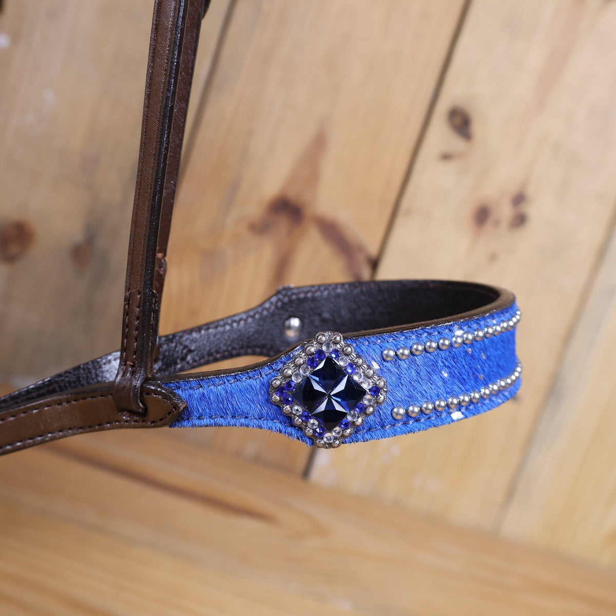 MOUSM Genuine Cow Hide Leather Tie Down Noseband with Leather Strap for Horse - Decorated with Royal Blue Metallic Acid Wash Natural Hair On Cowhide and Rhinestone Conchos, 1 Meter Strap Length and 6/8" Inches width.