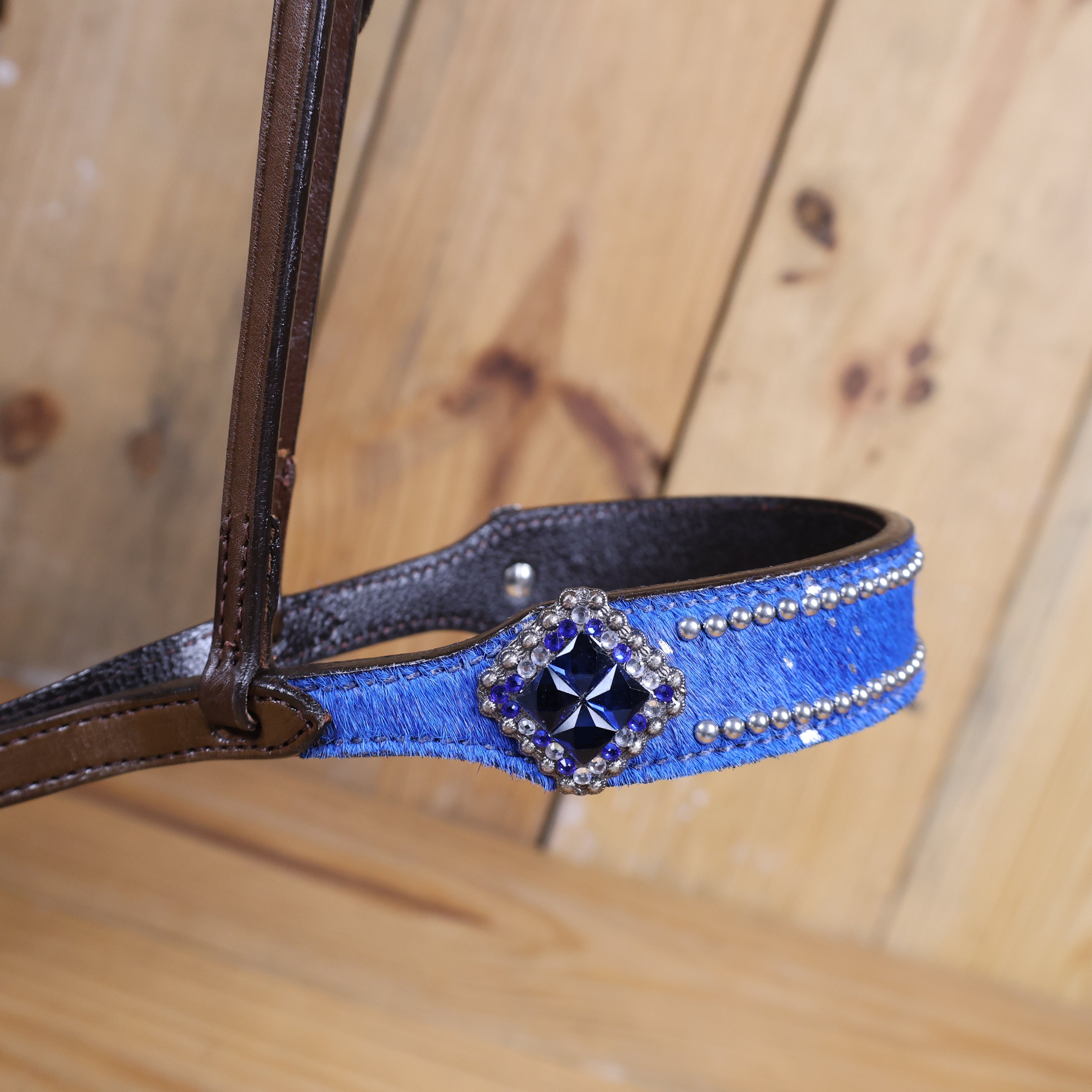 MOUSM Genuine Cow Hide Leather Tie Down Noseband with Leather Strap for Horse - Decorated with Royal Blue Metallic Acid Wash Natural Hair On Cowhide and Rhinestone Conchos, 1 Meter Strap Length and 6/8" Inches width.