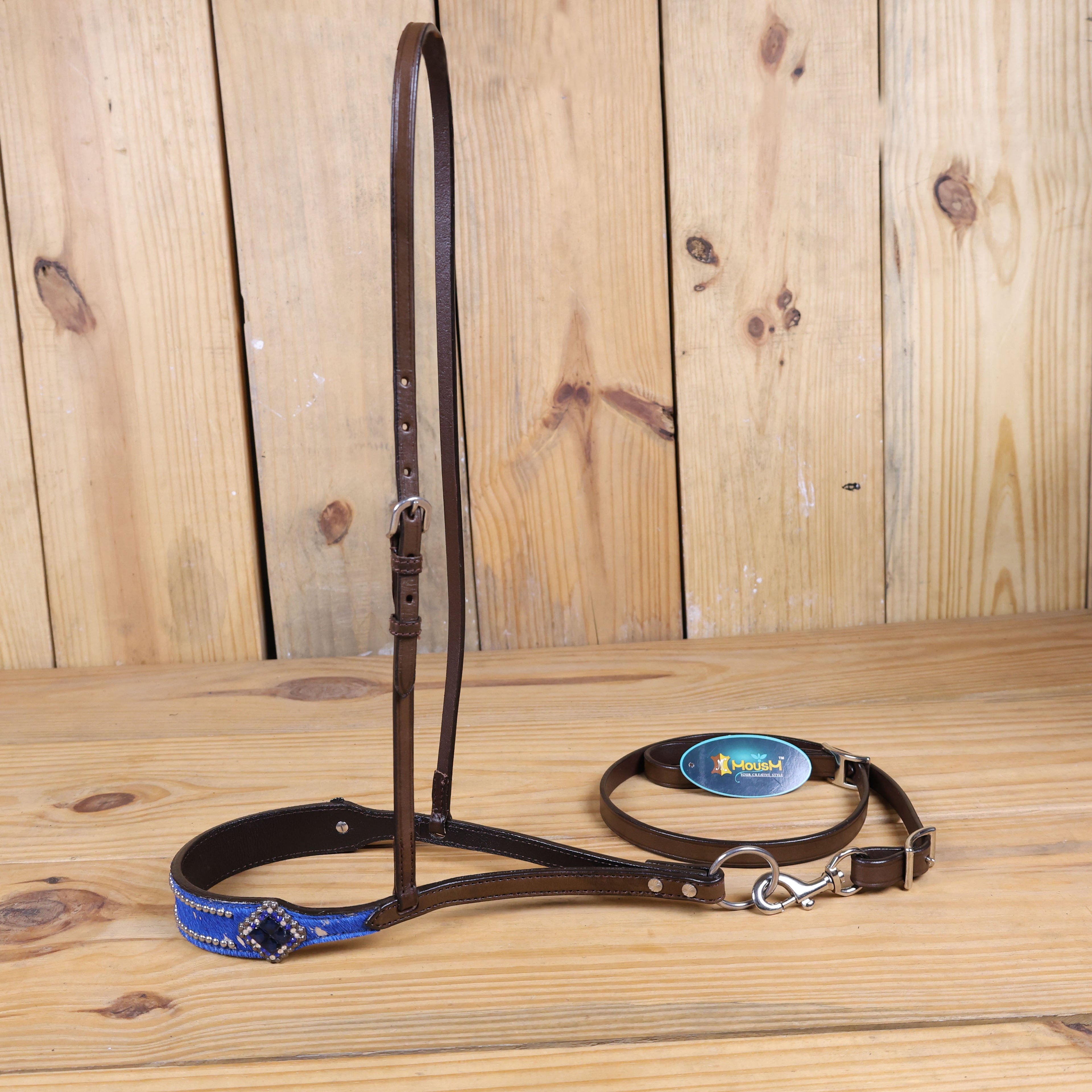 MOUSM Genuine Cow Hide Leather Tie Down Noseband with Leather Strap for Horse - Decorated with Royal Blue Metallic Acid Wash Natural Hair On Cowhide and Rhinestone Conchos, 1 Meter Strap Length and 6/8" Inches width.