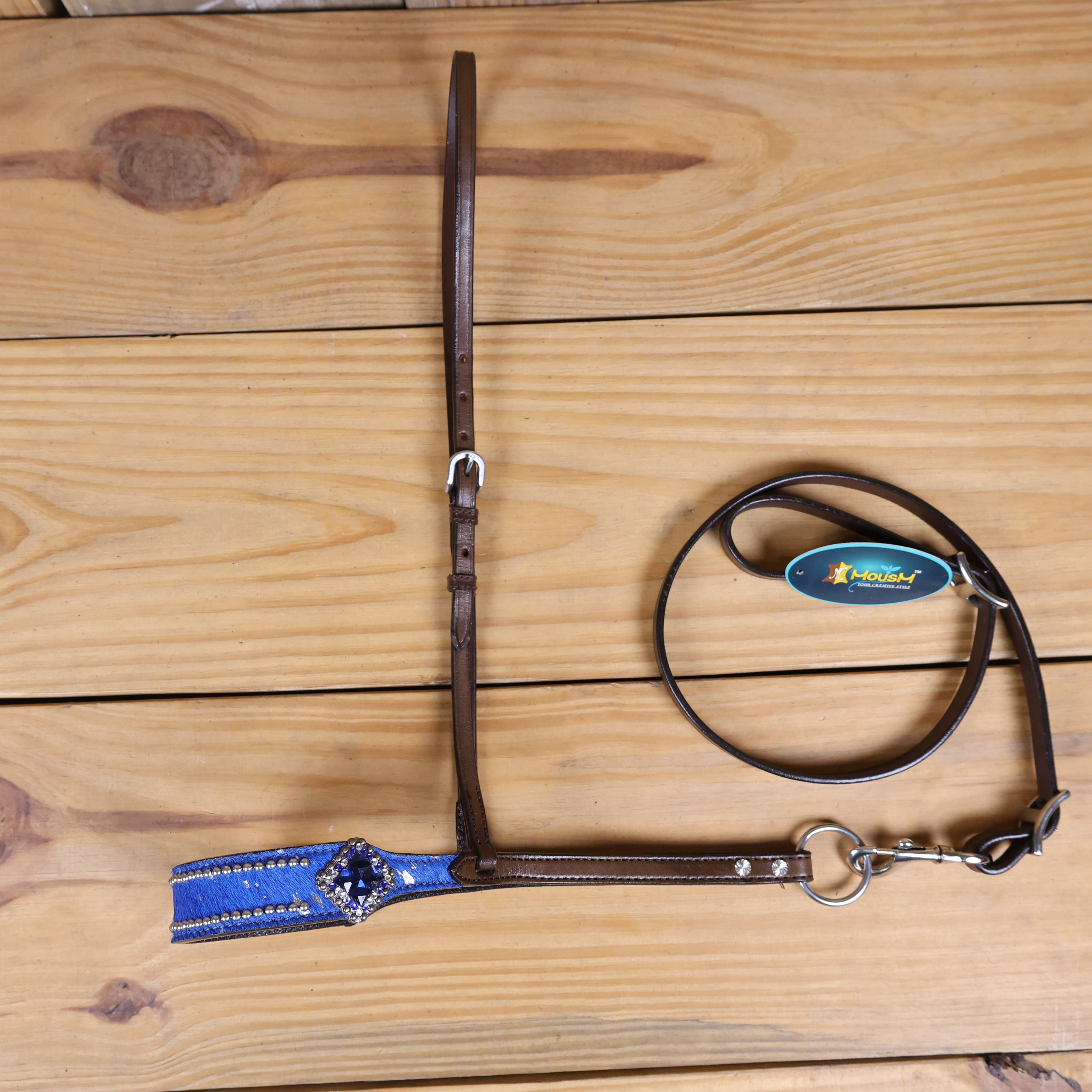 MOUSM Genuine Cow Hide Leather Tie Down Noseband with Leather Strap for Horse - Decorated with Royal Blue Metallic Acid Wash Natural Hair On Cowhide and Rhinestone Conchos, 1 Meter Strap Length and 6/8" Inches width.
