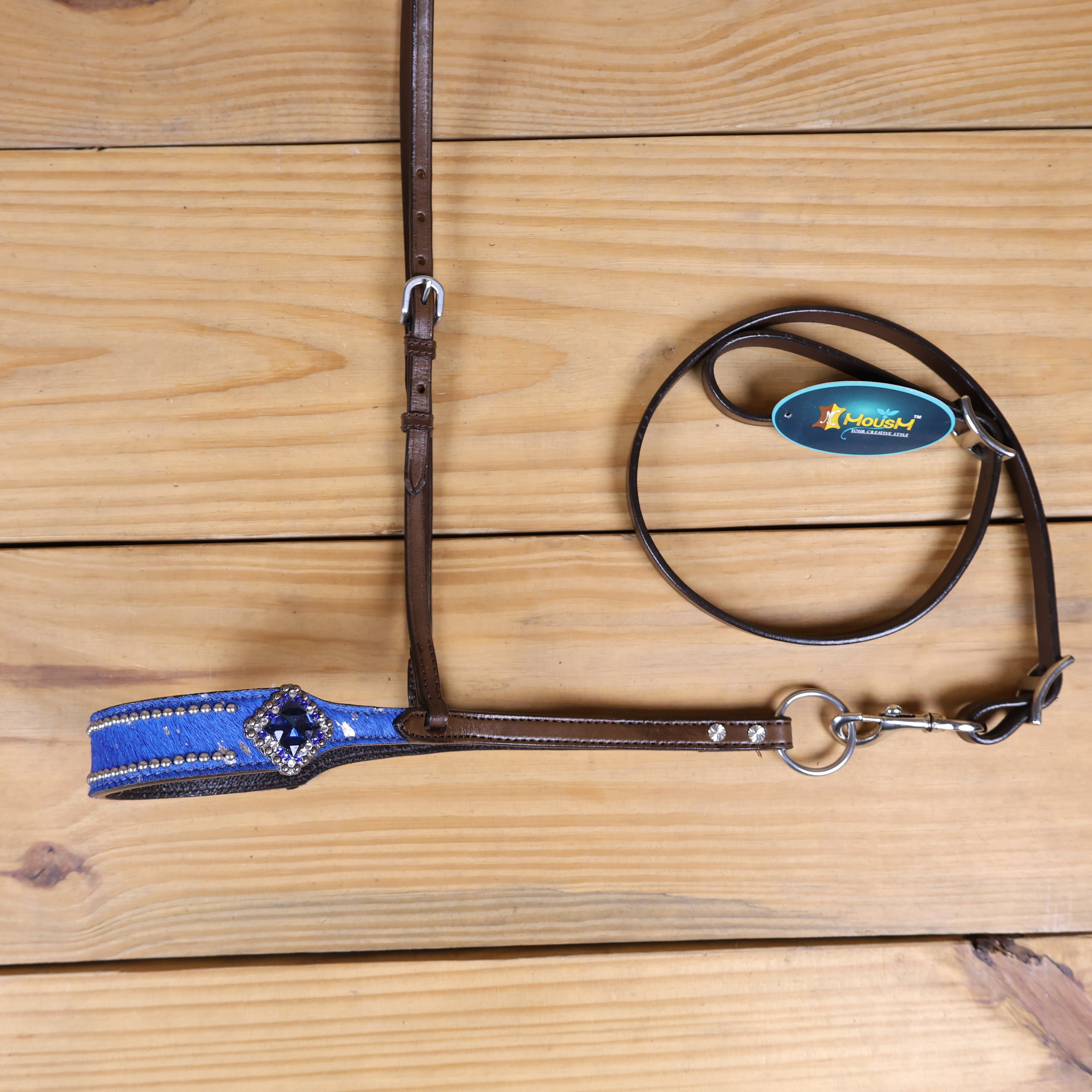 MOUSM Genuine Cow Hide Leather Tie Down Noseband with Leather Strap for Horse - Decorated with Royal Blue Metallic Acid Wash Natural Hair On Cowhide and Rhinestone Conchos, 1 Meter Strap Length and 6/8" Inches width.