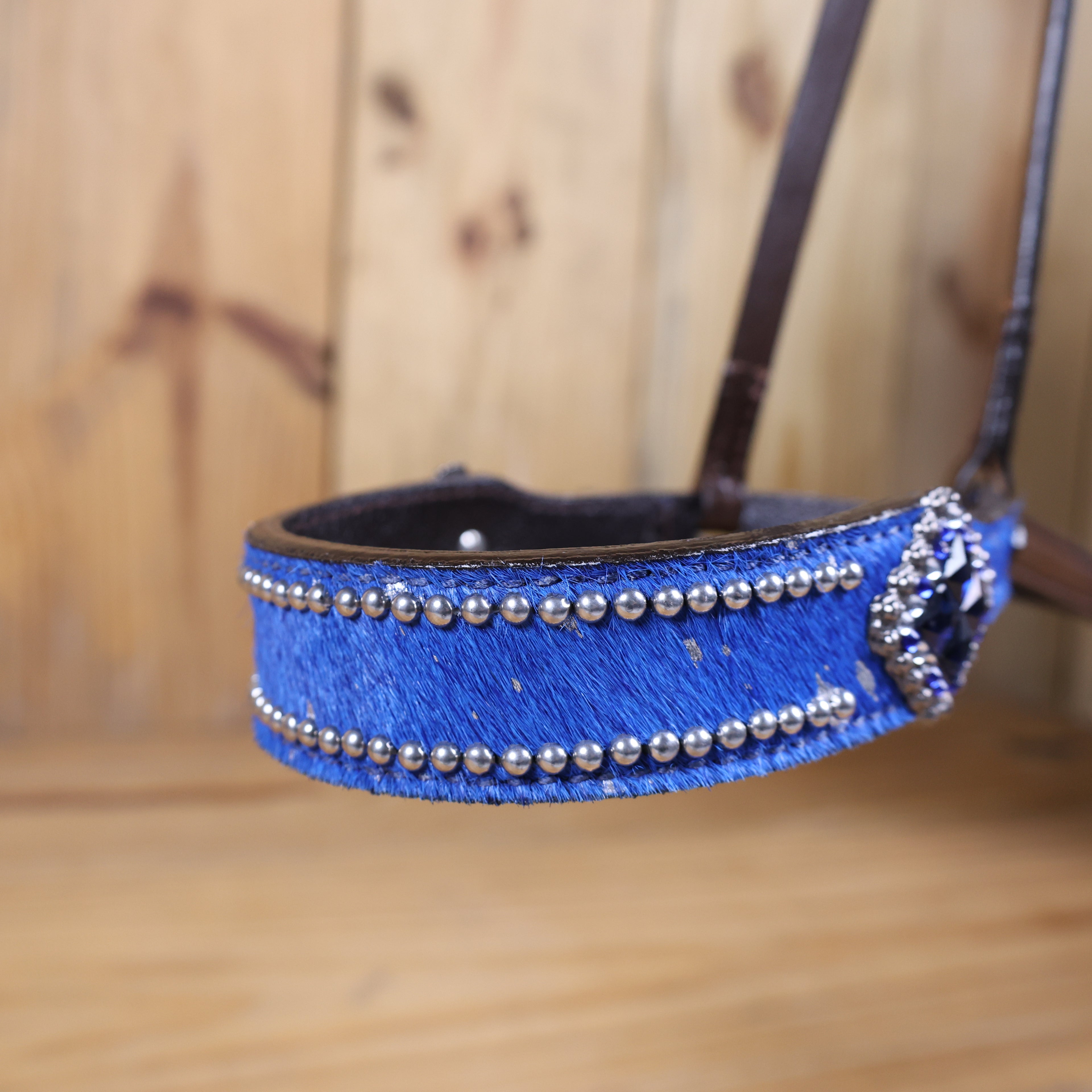 MOUSM Genuine Cow Hide Leather Tie Down Noseband with Leather Strap for Horse - Decorated with Royal Blue Metallic Acid Wash Natural Hair On Cowhide and Rhinestone Conchos, 1 Meter Strap Length and 6/8" Inches width.