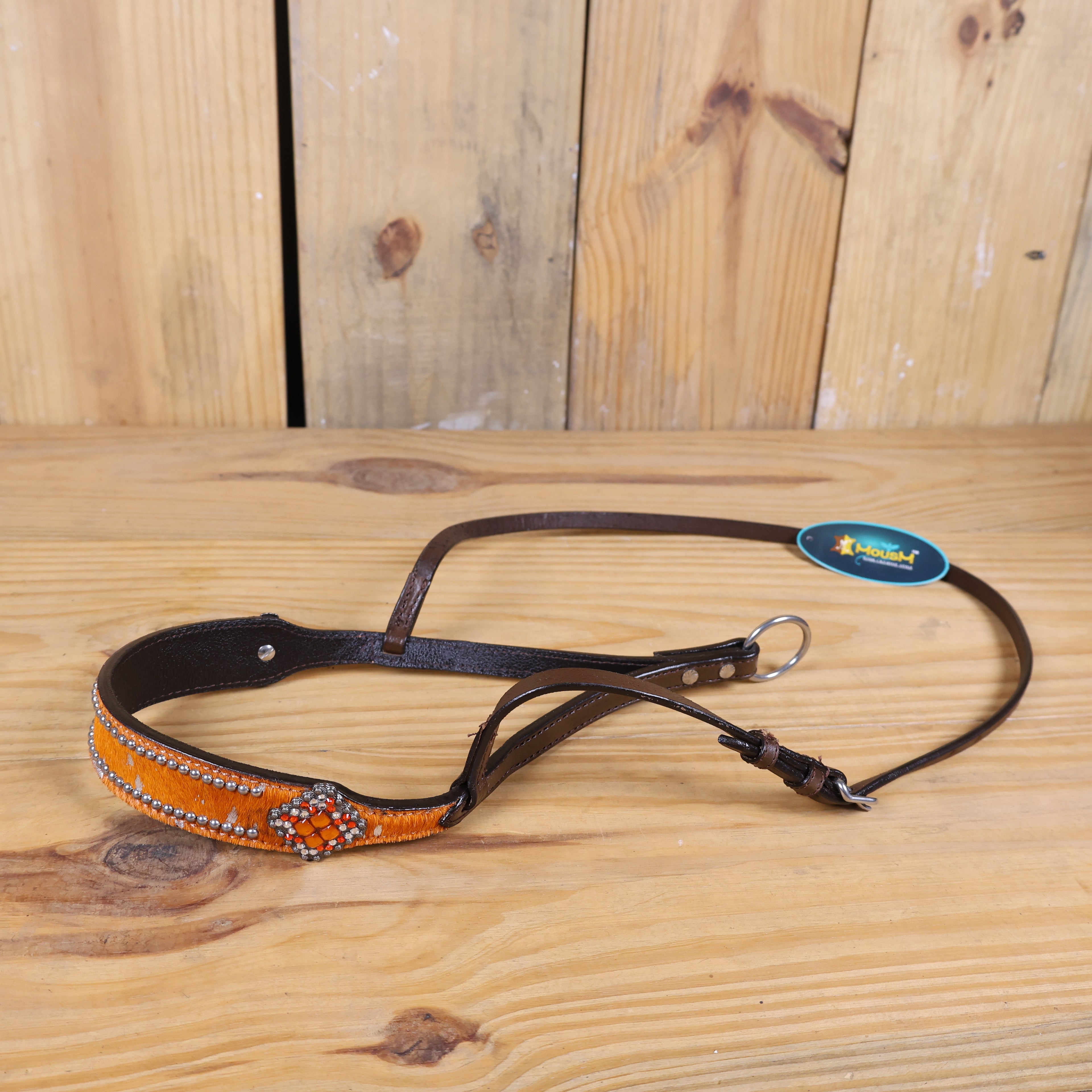 MOUSM Genuine Cow Hide Leather Tie Down Noseband with Leather Strap for Horse - Decorated with Orange Metallic Acid Wash Natural Hair On Cowhide and Rhinestone Conchos, 1 Meter Strap Length and 6/8" Inches width.