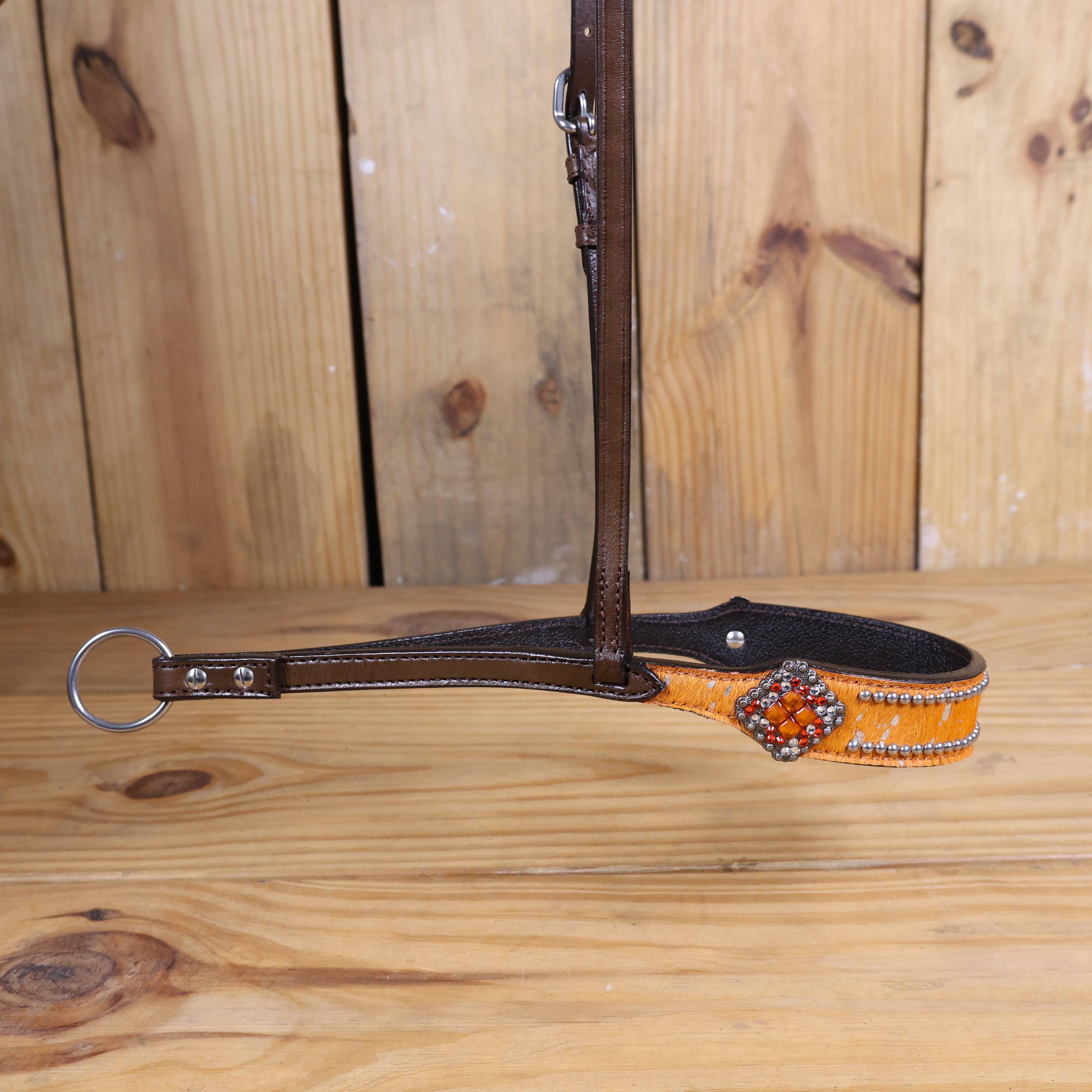 MOUSM Genuine Cow Hide Leather Tie Down Noseband with Leather Strap for Horse - Decorated with Orange Metallic Acid Wash Natural Hair On Cowhide and Rhinestone Conchos, 1 Meter Strap Length and 6/8" Inches width.