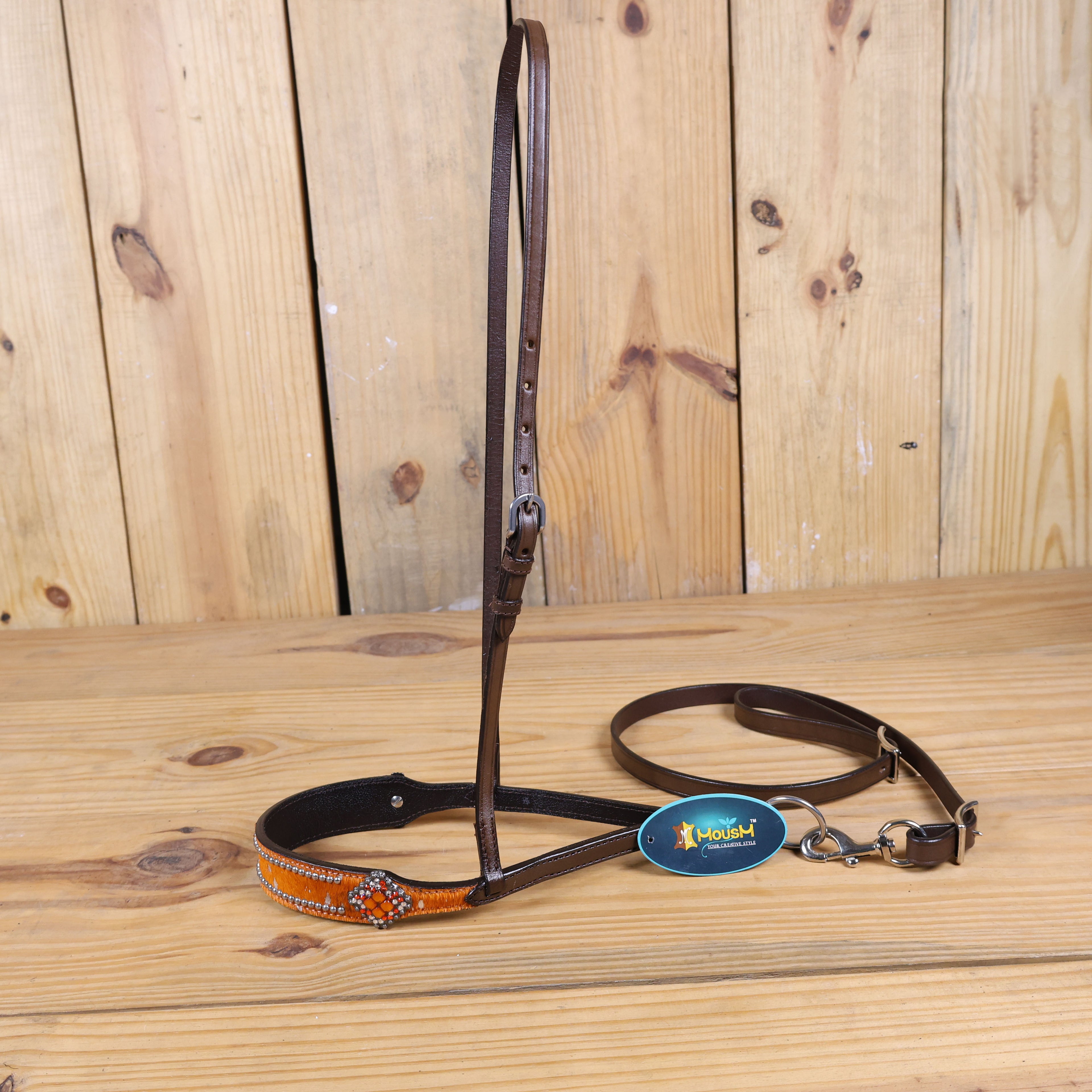 MOUSM Genuine Cow Hide Leather Tie Down Noseband with Leather Strap for Horse - Decorated with Orange Metallic Acid Wash Natural Hair On Cowhide and Rhinestone Conchos, 1 Meter Strap Length and 6/8" Inches width.