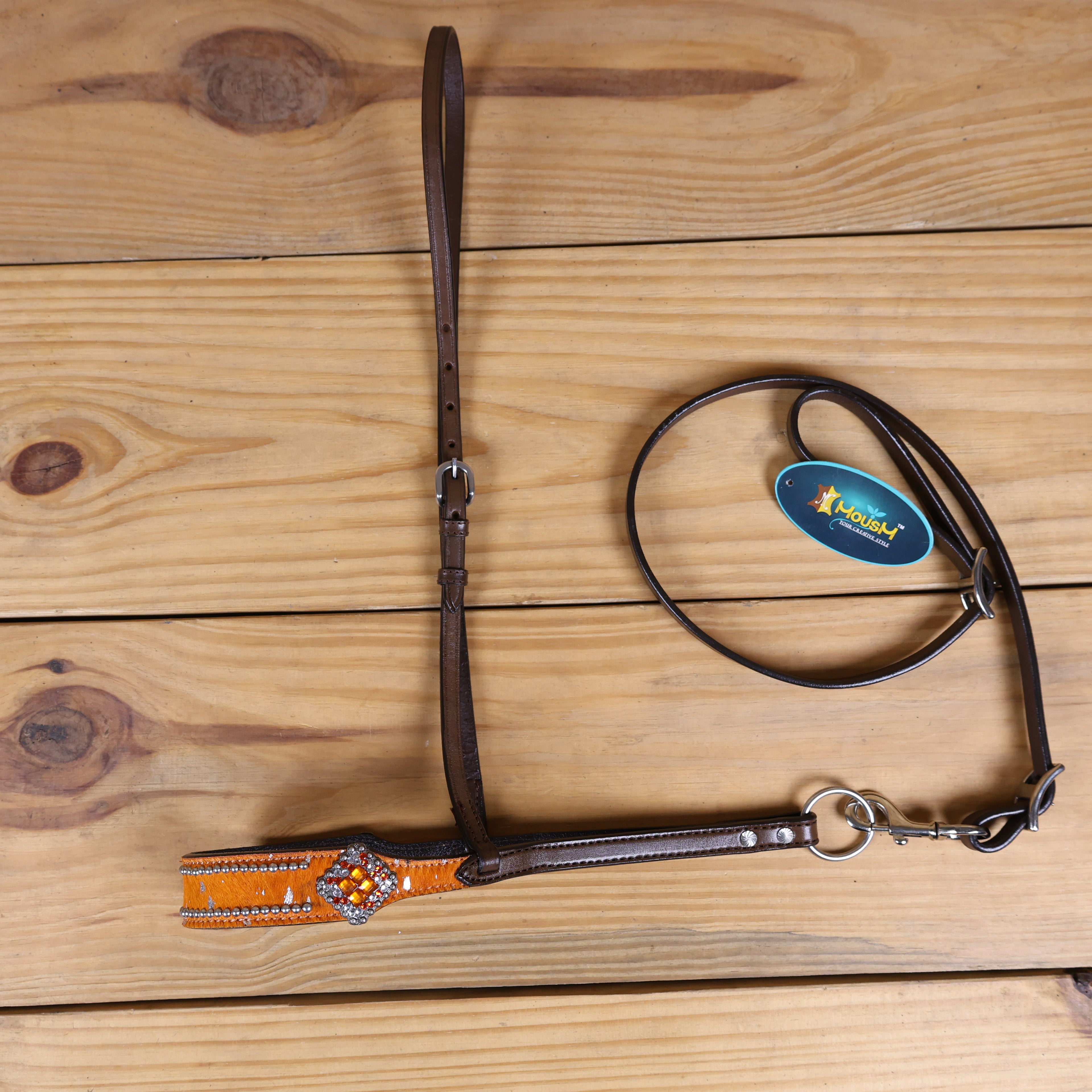 MOUSM Genuine Cow Hide Leather Tie Down Noseband with Leather Strap for Horse - Decorated with Orange Metallic Acid Wash Natural Hair On Cowhide and Rhinestone Conchos, 1 Meter Strap Length and 6/8" Inches width.