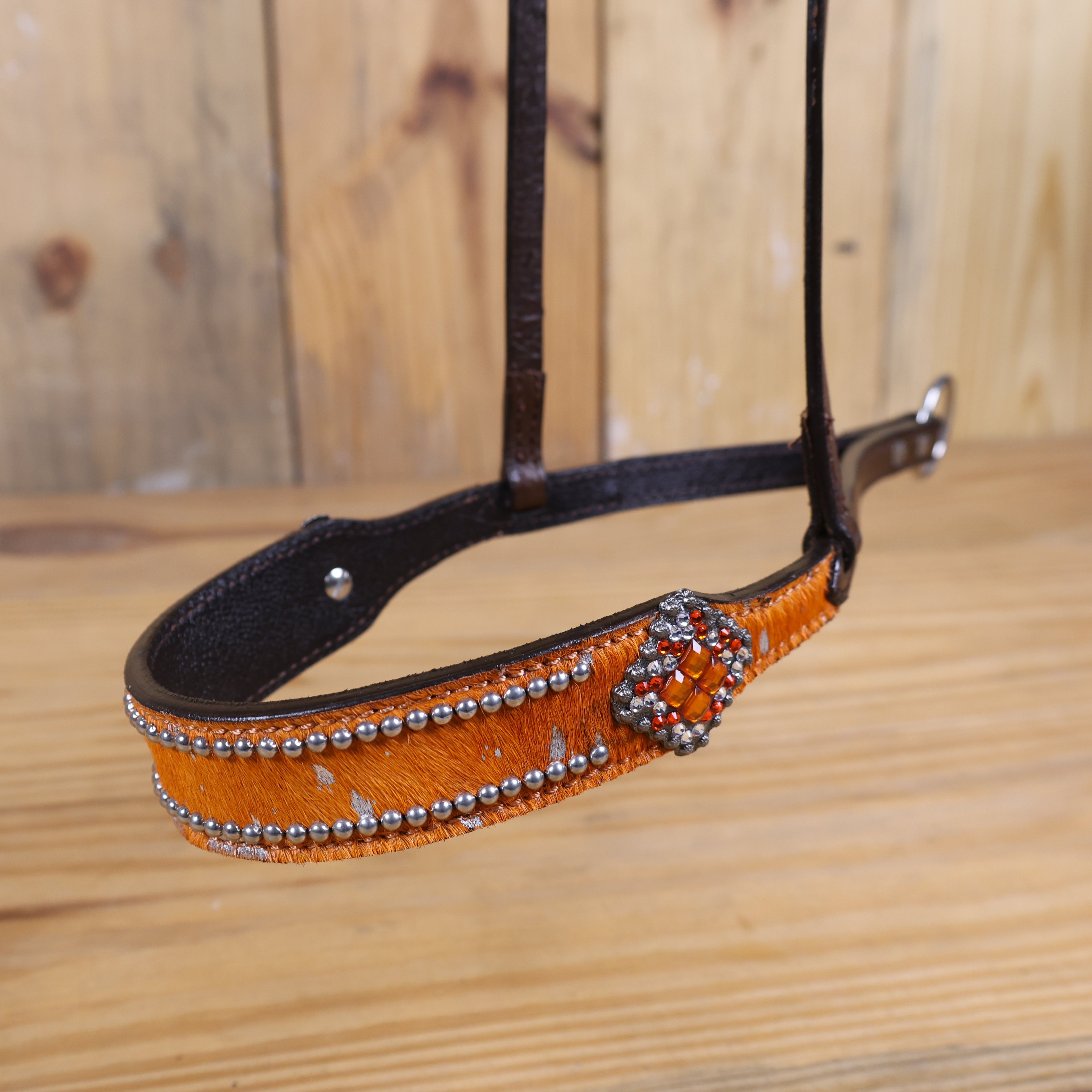 MOUSM Genuine Cow Hide Leather Tie Down Noseband with Leather Strap for Horse - Decorated with Orange Metallic Acid Wash Natural Hair On Cowhide and Rhinestone Conchos, 1 Meter Strap Length and 6/8" Inches width.