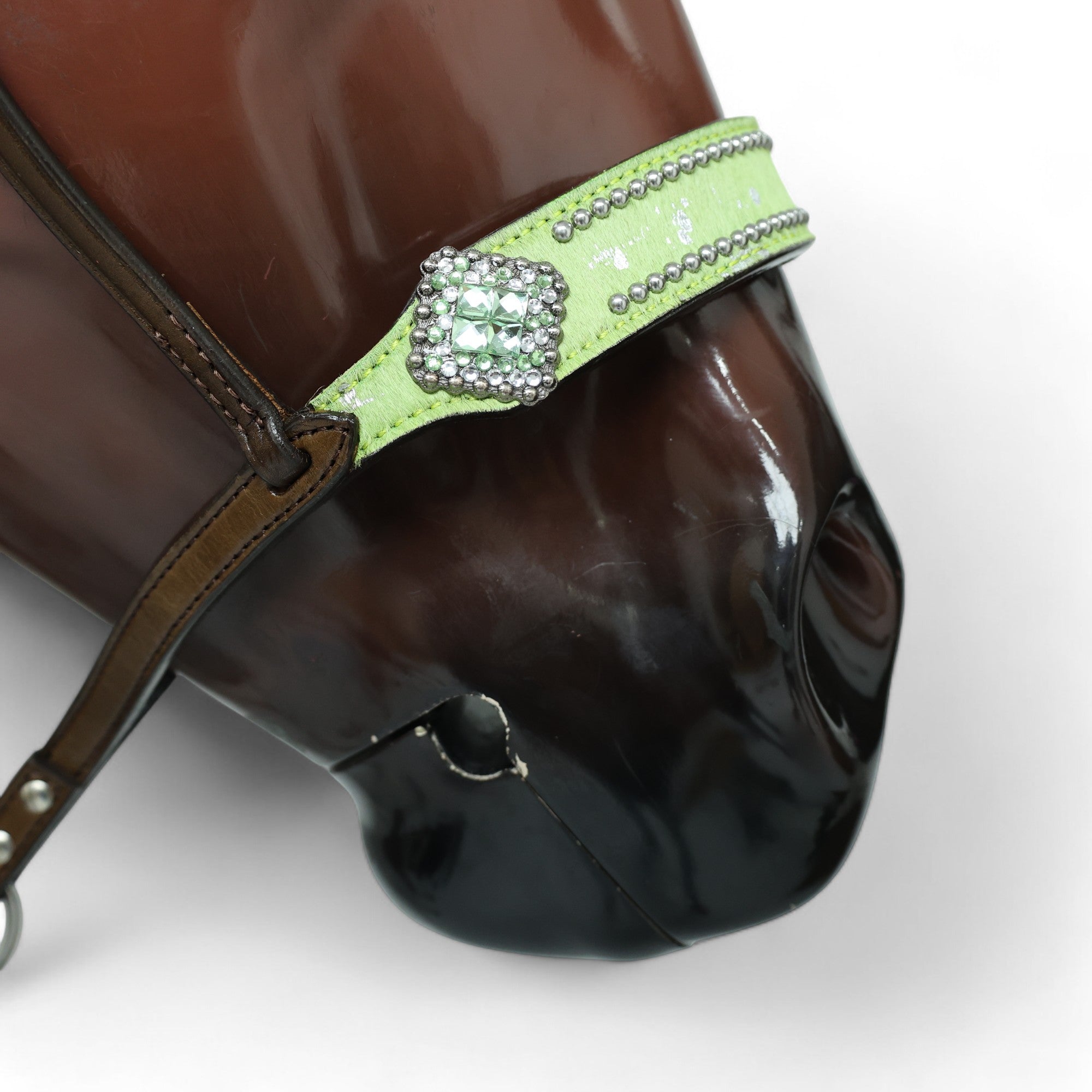 MOUSM Genuine Cow Hide Leather Tie Down Noseband with Leather Strap for Horse - Decorated with Lime Green Metallic Acid Wash Natural Hair On Cowhide and Rhinestone Conchos, 1 Meter Strap Length and 6/8" Inches width.