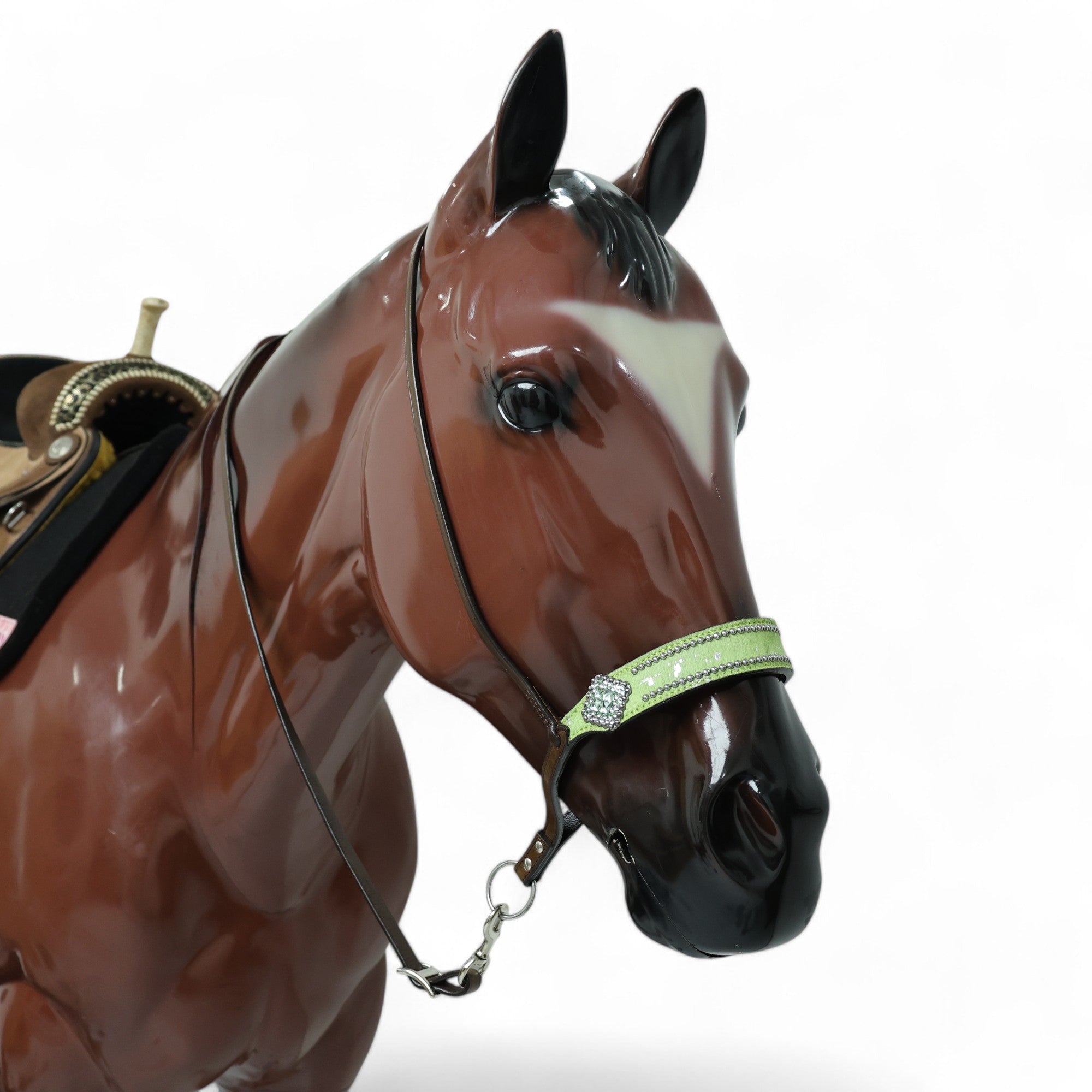 MOUSM Genuine Cow Hide Leather Tie Down Noseband with Leather Strap for Horse - Decorated with Lime Green Metallic Acid Wash Natural Hair On Cowhide and Rhinestone Conchos, 1 Meter Strap Length and 6/8" Inches width.