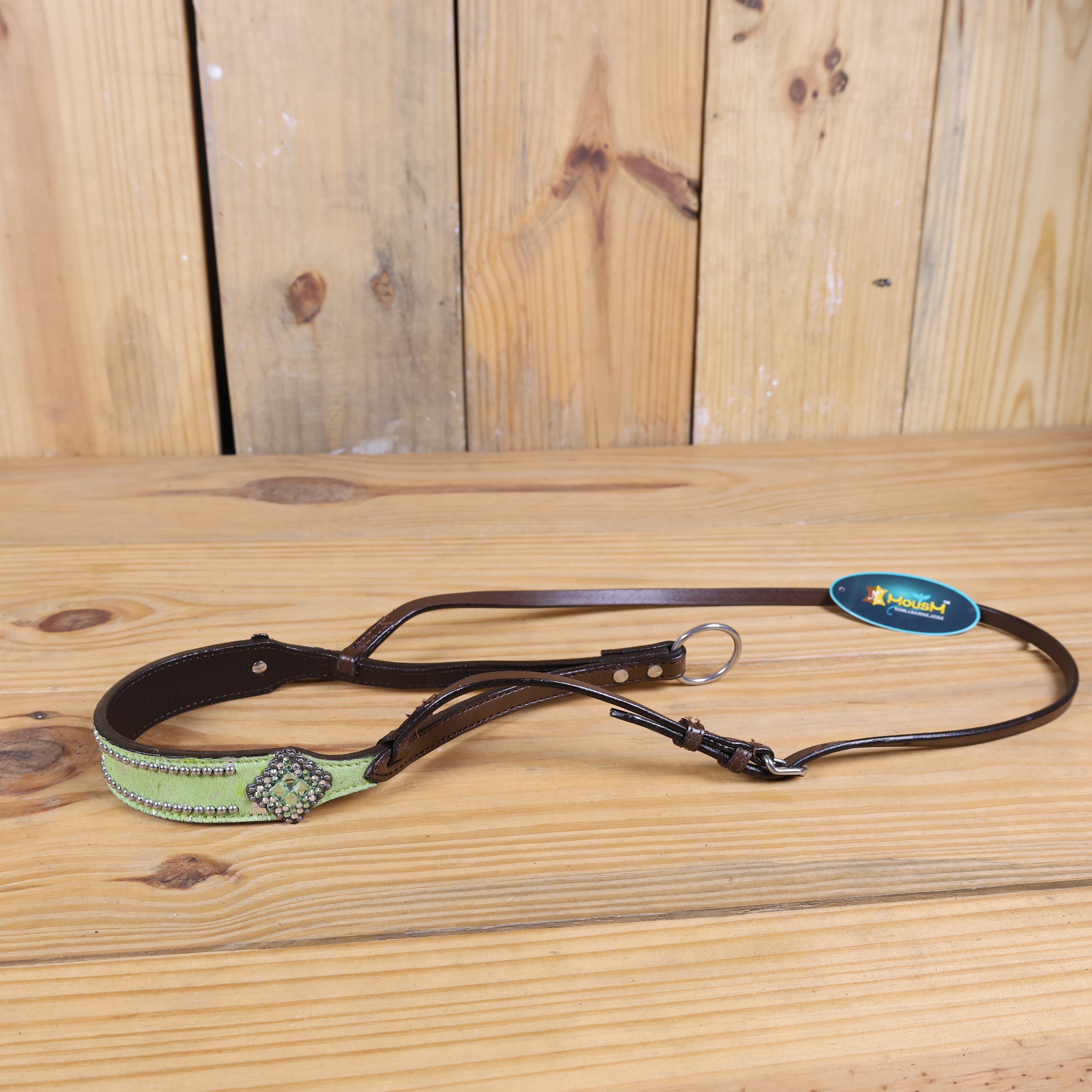 MOUSM Genuine Cow Hide Leather Tie Down Noseband with Leather Strap for Horse - Decorated with Lime Green Metallic Acid Wash Natural Hair On Cowhide and Rhinestone Conchos, 1 Meter Strap Length and 6/8" Inches width.
