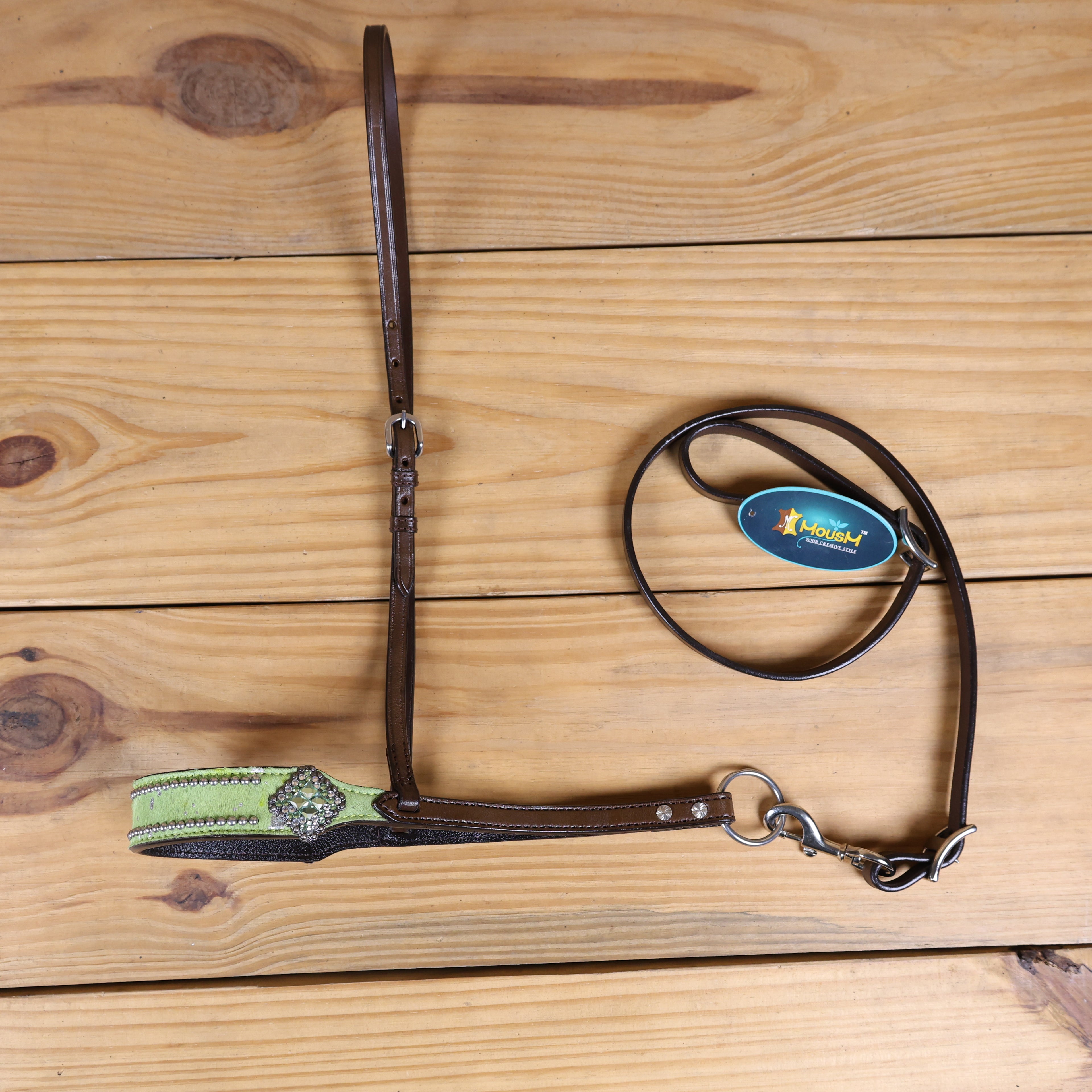 MOUSM Genuine Cow Hide Leather Tie Down Noseband with Leather Strap for Horse - Decorated with Lime Green Metallic Acid Wash Natural Hair On Cowhide and Rhinestone Conchos, 1 Meter Strap Length and 6/8" Inches width.