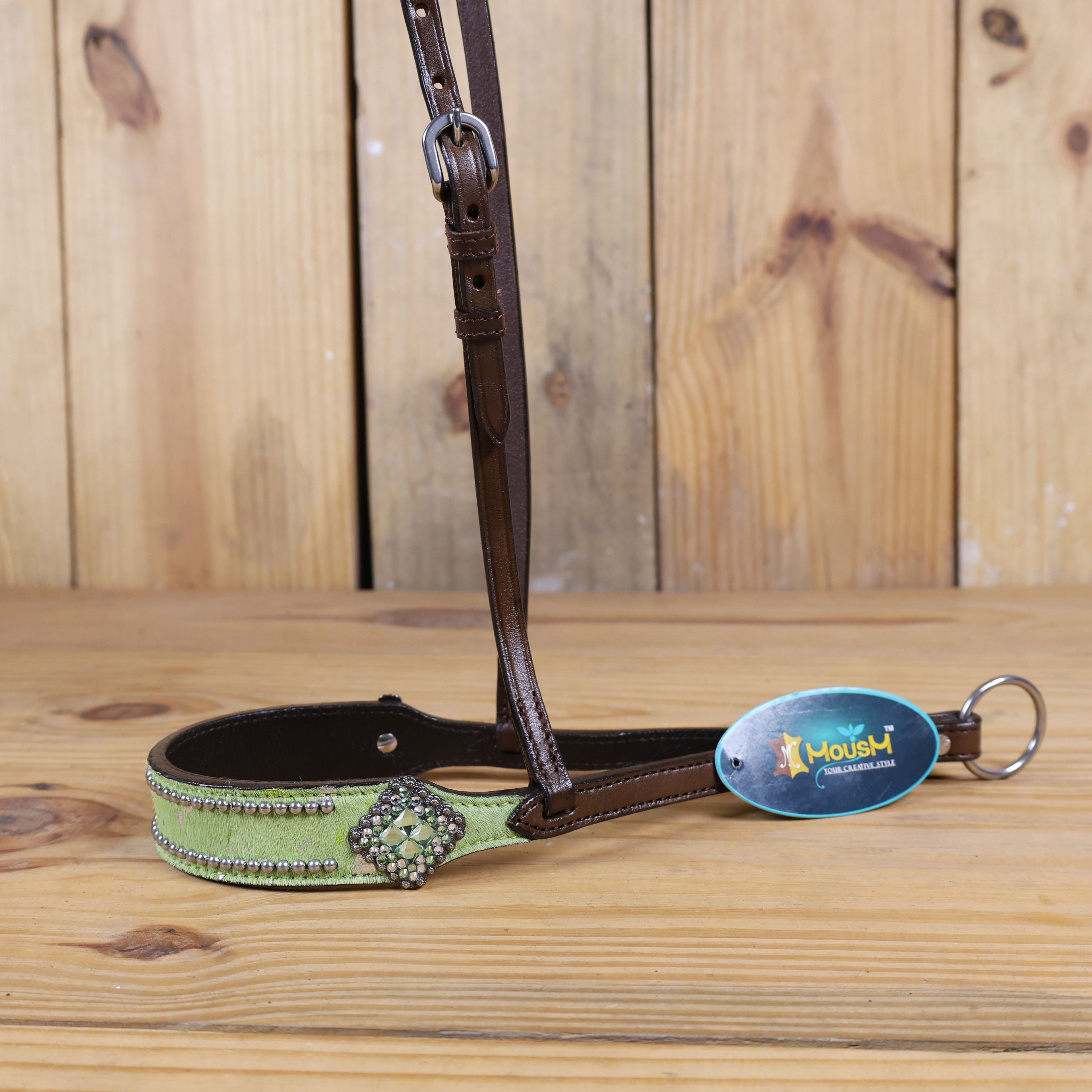 MOUSM Genuine Cow Hide Leather Tie Down Noseband with Leather Strap for Horse - Decorated with Lime Green Metallic Acid Wash Natural Hair On Cowhide and Rhinestone Conchos, 1 Meter Strap Length and 6/8" Inches width.