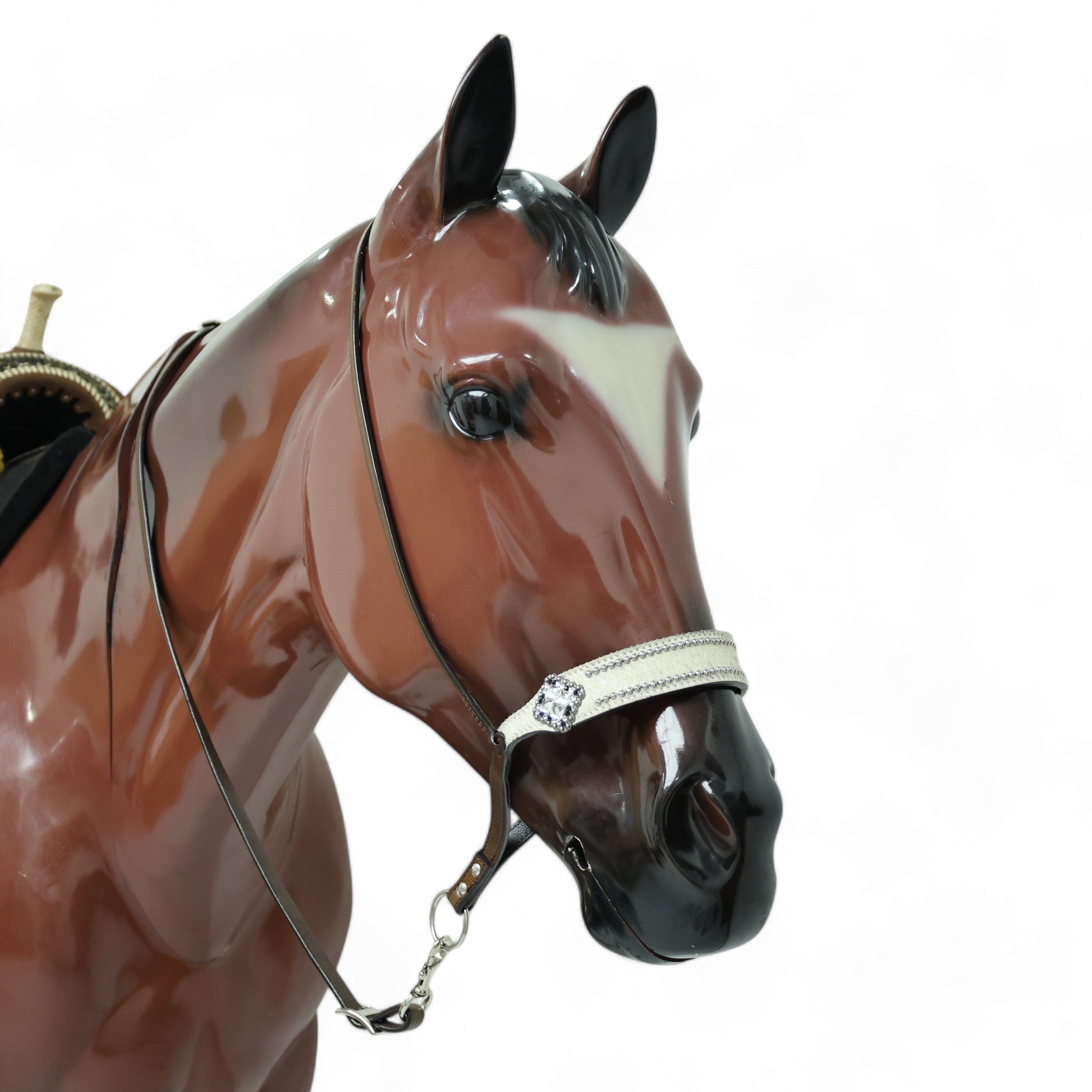 MOUSM Genuine Cow Hide Leather Tie Down Noseband with Leather Strap for Horse - Decorated with White Metallic Acid Wash Natural Hair On Cowhide and Rhinestone Conchos, 1 Meter Strap Length and 6/8" Inches width.