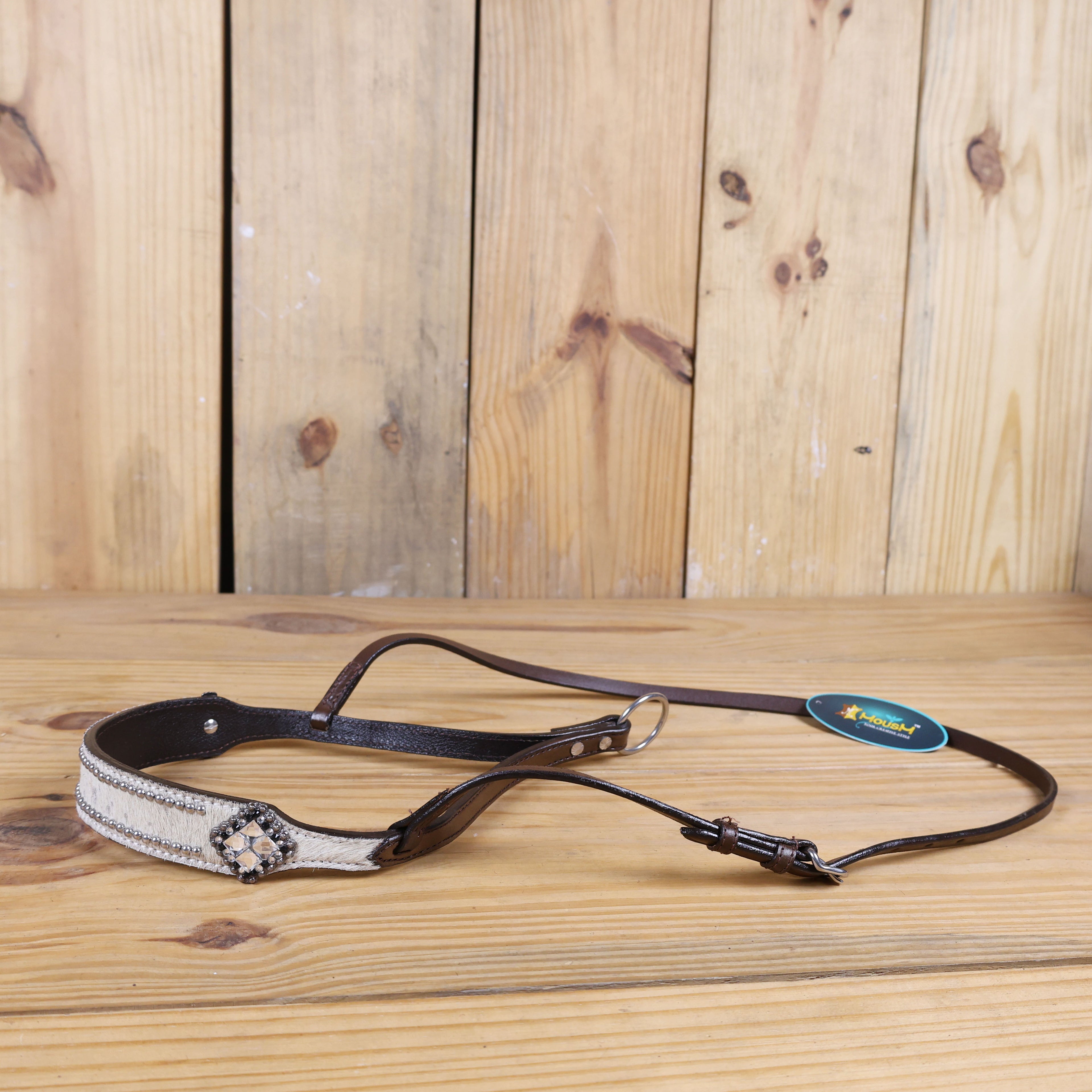 MOUSM Genuine Cow Hide Leather Tie Down Noseband with Leather Strap for Horse - Decorated with White Metallic Acid Wash Natural Hair On Cowhide and Rhinestone Conchos, 1 Meter Strap Length and 6/8" Inches width.