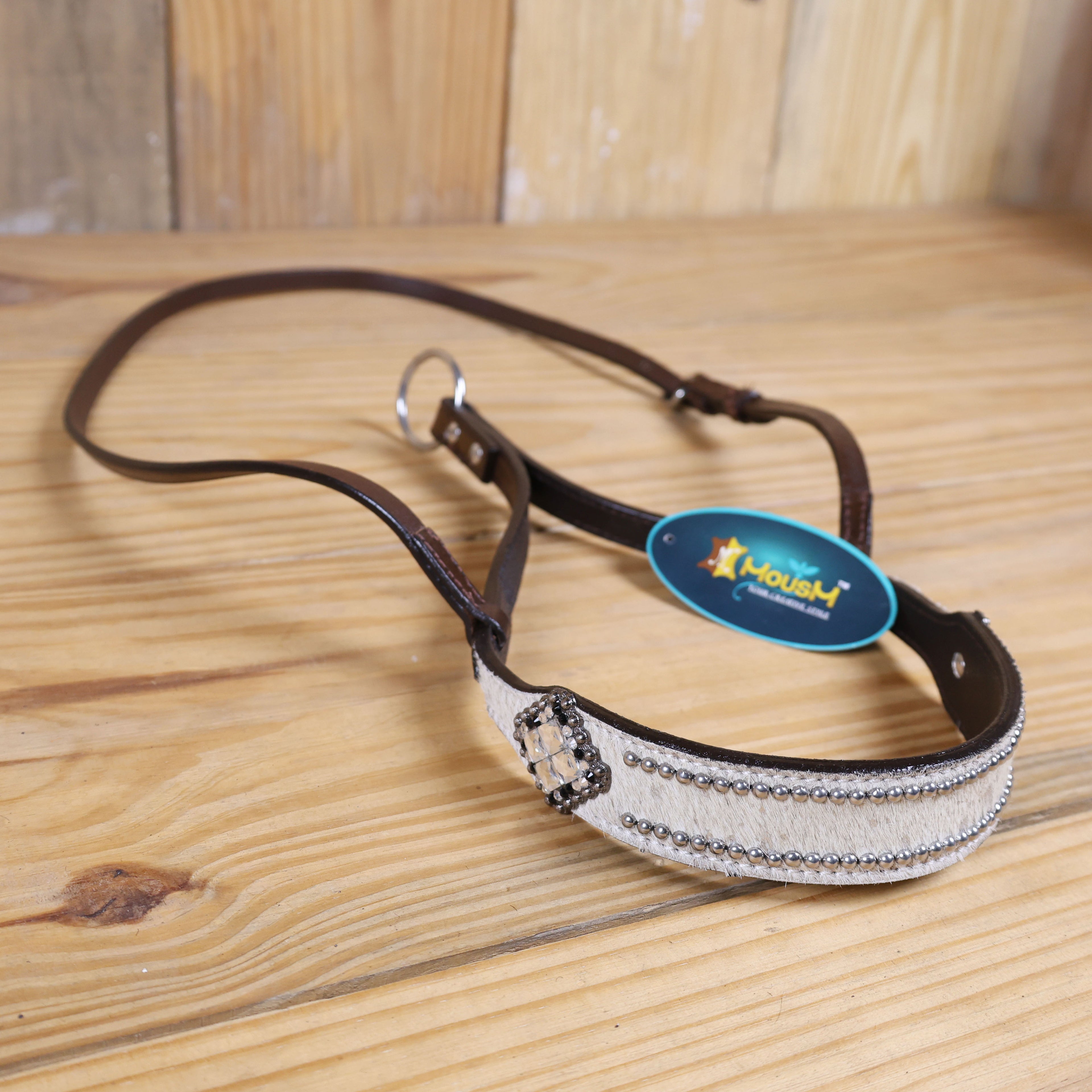 MOUSM Genuine Cow Hide Leather Tie Down Noseband with Leather Strap for Horse - Decorated with White Metallic Acid Wash Natural Hair On Cowhide and Rhinestone Conchos, 1 Meter Strap Length and 6/8" Inches width.
