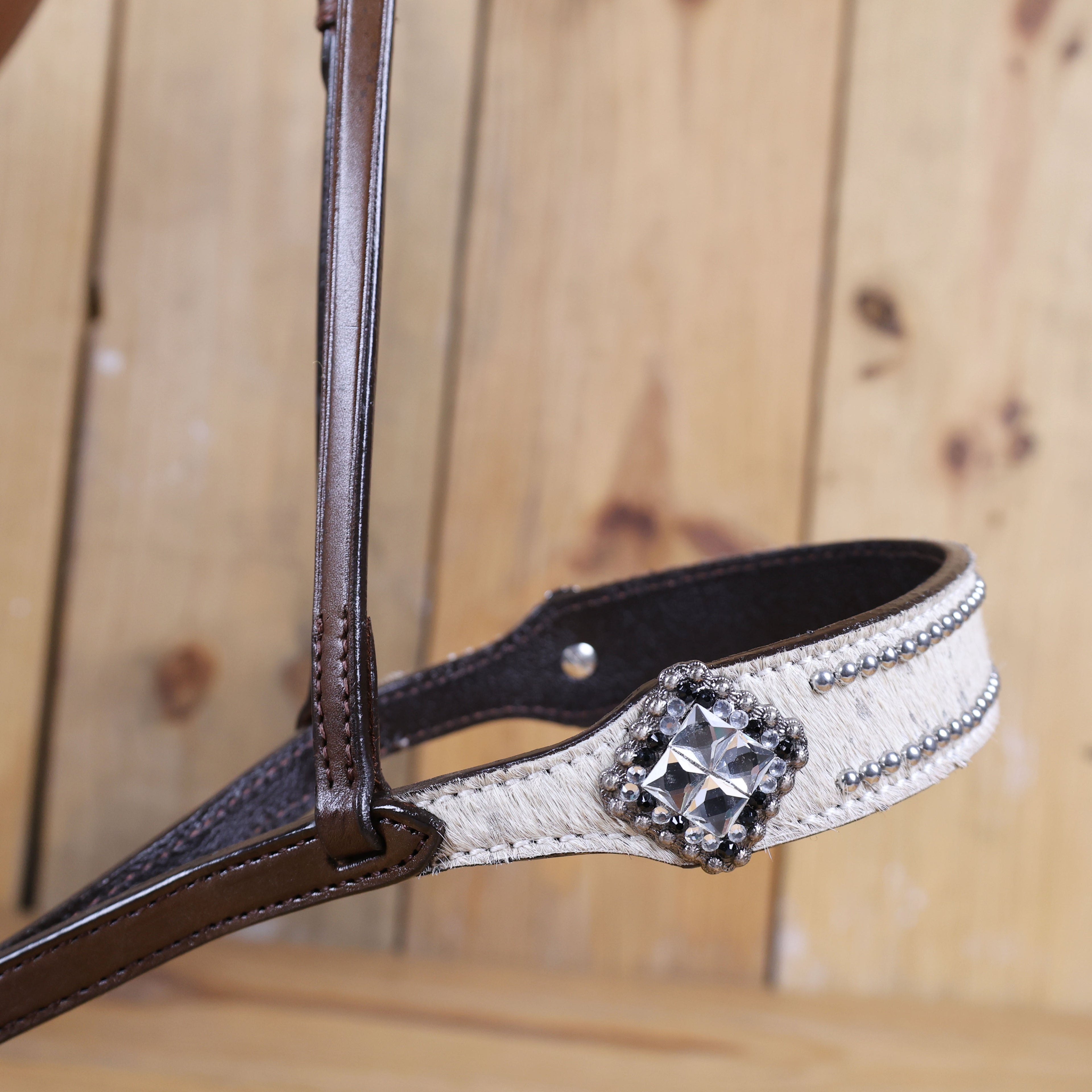 MOUSM Genuine Cow Hide Leather Tie Down Noseband with Leather Strap for Horse - Decorated with White Metallic Acid Wash Natural Hair On Cowhide and Rhinestone Conchos, 1 Meter Strap Length and 6/8" Inches width.