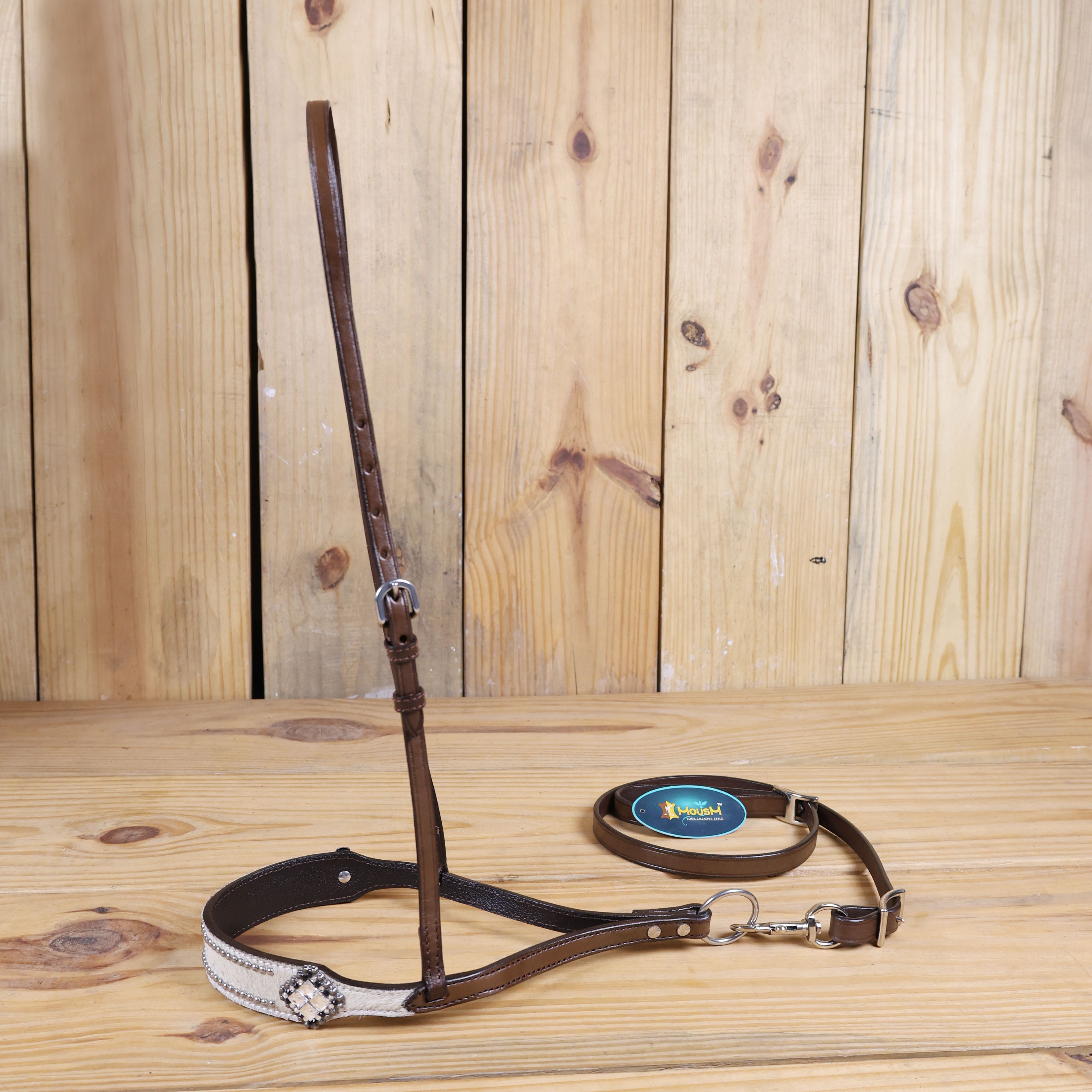 MOUSM Genuine Cow Hide Leather Tie Down Noseband with Leather Strap for Horse - Decorated with White Metallic Acid Wash Natural Hair On Cowhide and Rhinestone Conchos, 1 Meter Strap Length and 6/8" Inches width.