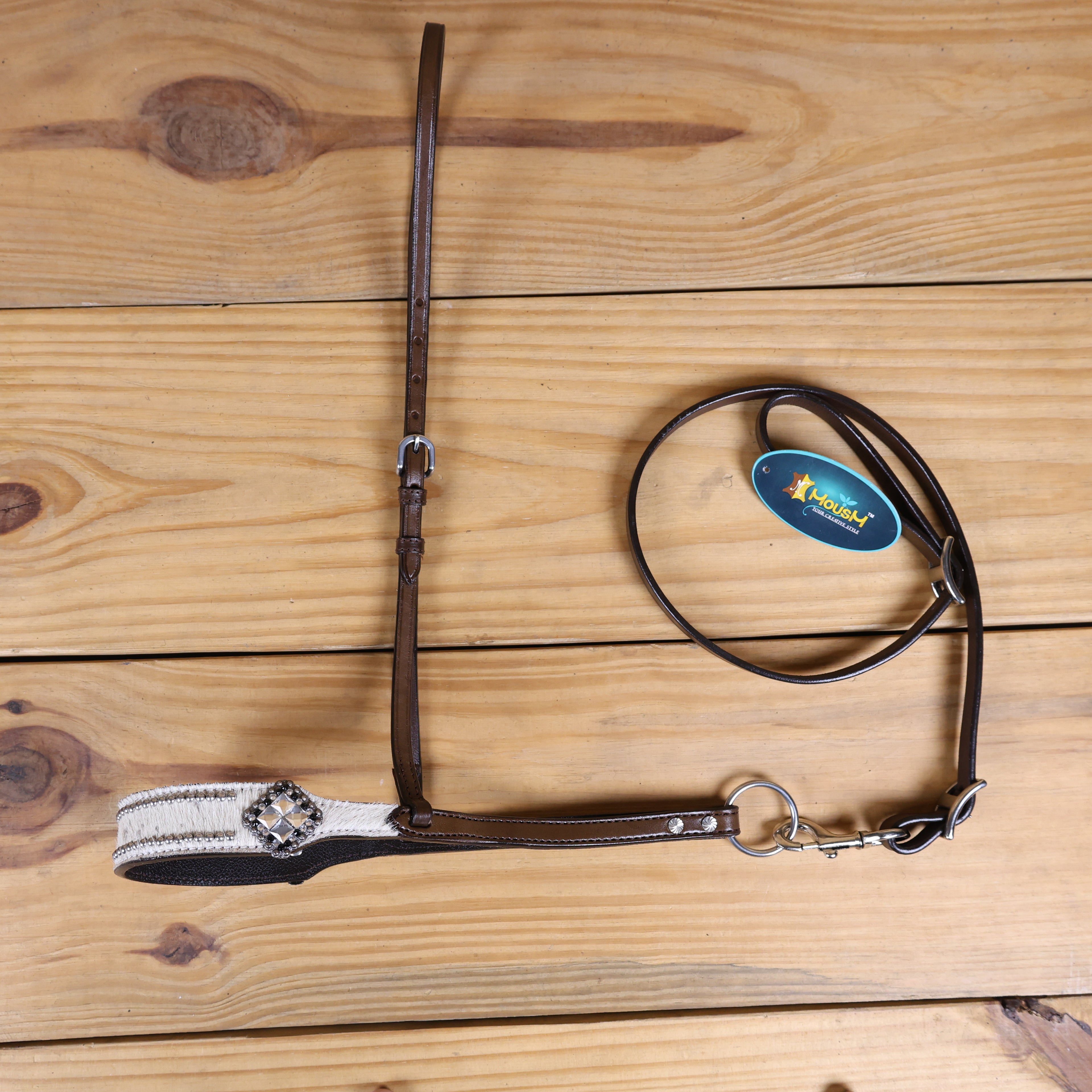 MOUSM Genuine Cow Hide Leather Tie Down Noseband with Leather Strap for Horse - Decorated with White Metallic Acid Wash Natural Hair On Cowhide and Rhinestone Conchos, 1 Meter Strap Length and 6/8" Inches width.