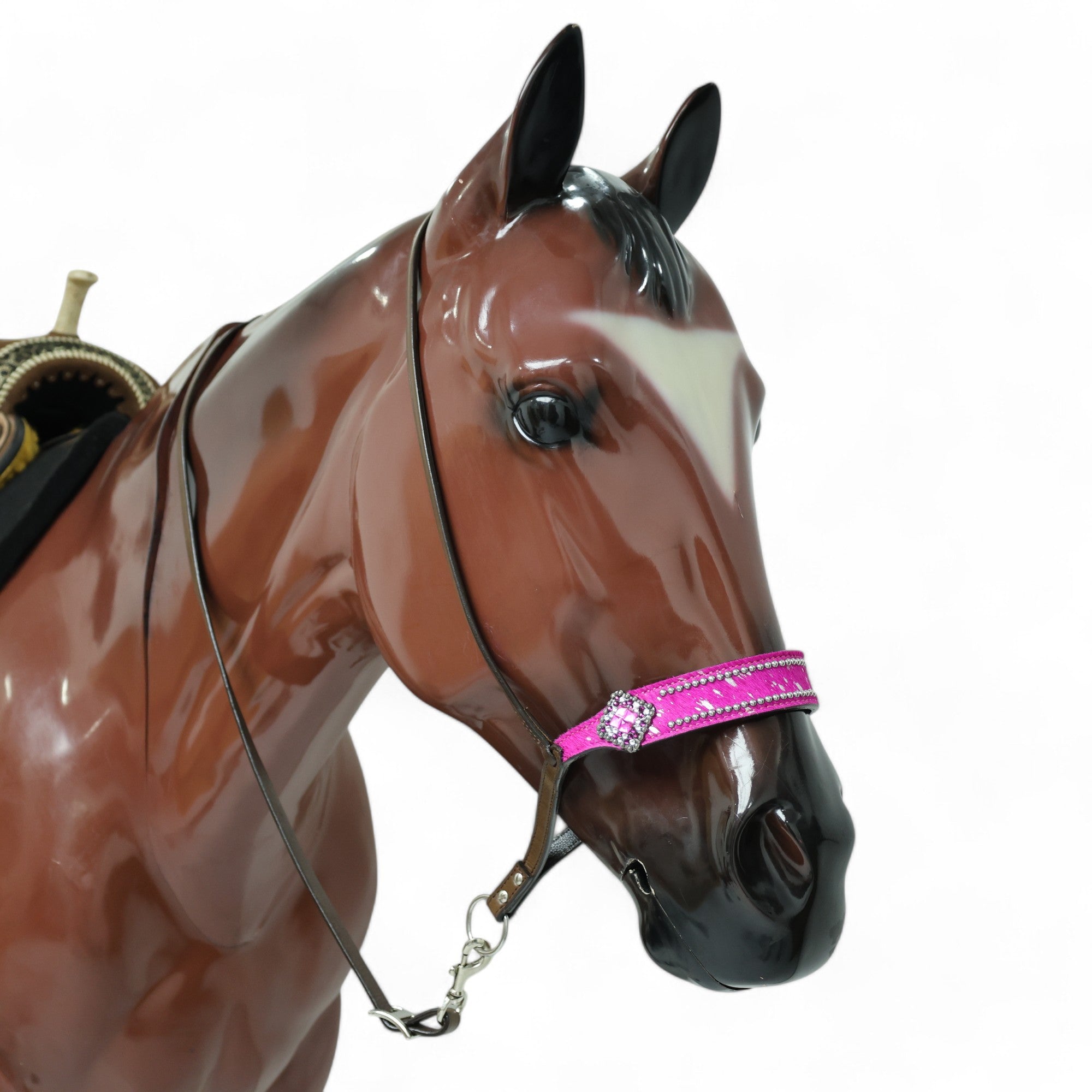 MOUSM Genuine Cow Hide Leather Tie Down Noseband with Leather Strap for Horse - Decorated with Pink Metallic Acid Wash Natural Hair On Cowhide and Rhinestone Conchos, 1 Meter Strap Length and 6/8" Inches width.