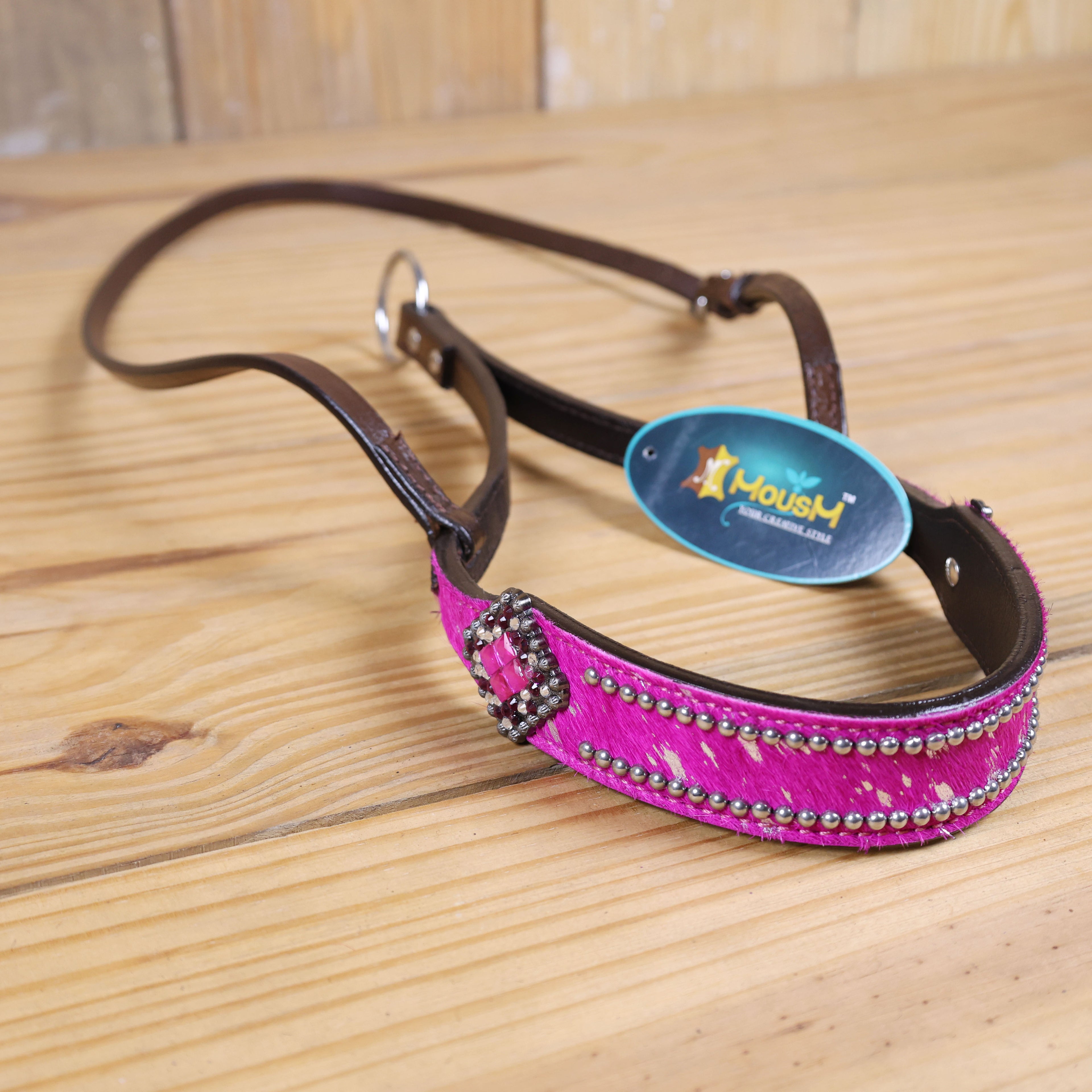 MOUSM Genuine Cow Hide Leather Tie Down Noseband with Leather Strap for Horse - Decorated with Pink Metallic Acid Wash Natural Hair On Cowhide and Rhinestone Conchos, 1 Meter Strap Length and 6/8" Inches width.