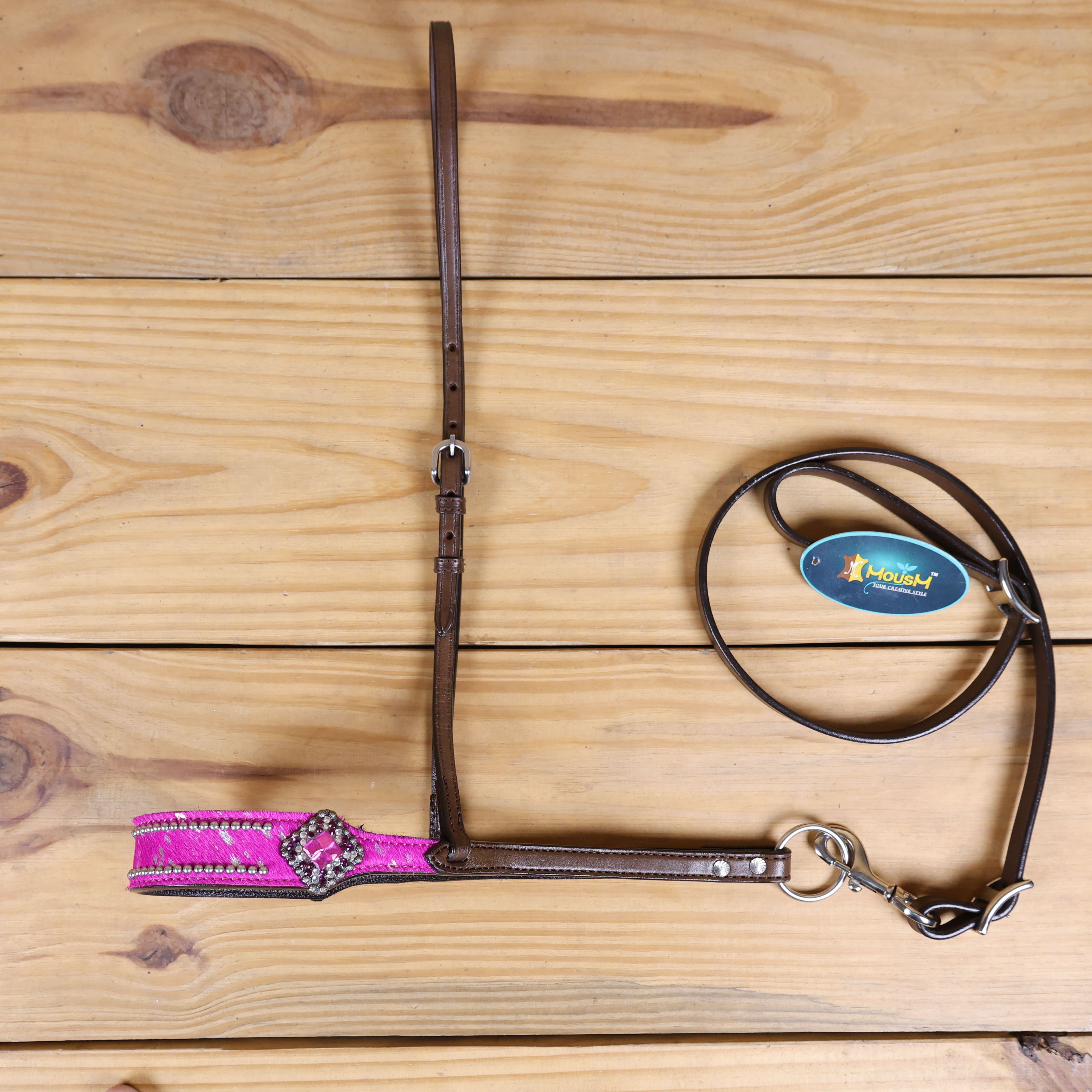 MOUSM Genuine Cow Hide Leather Tie Down Noseband with Leather Strap for Horse - Decorated with Pink Metallic Acid Wash Natural Hair On Cowhide and Rhinestone Conchos, 1 Meter Strap Length and 6/8" Inches width.