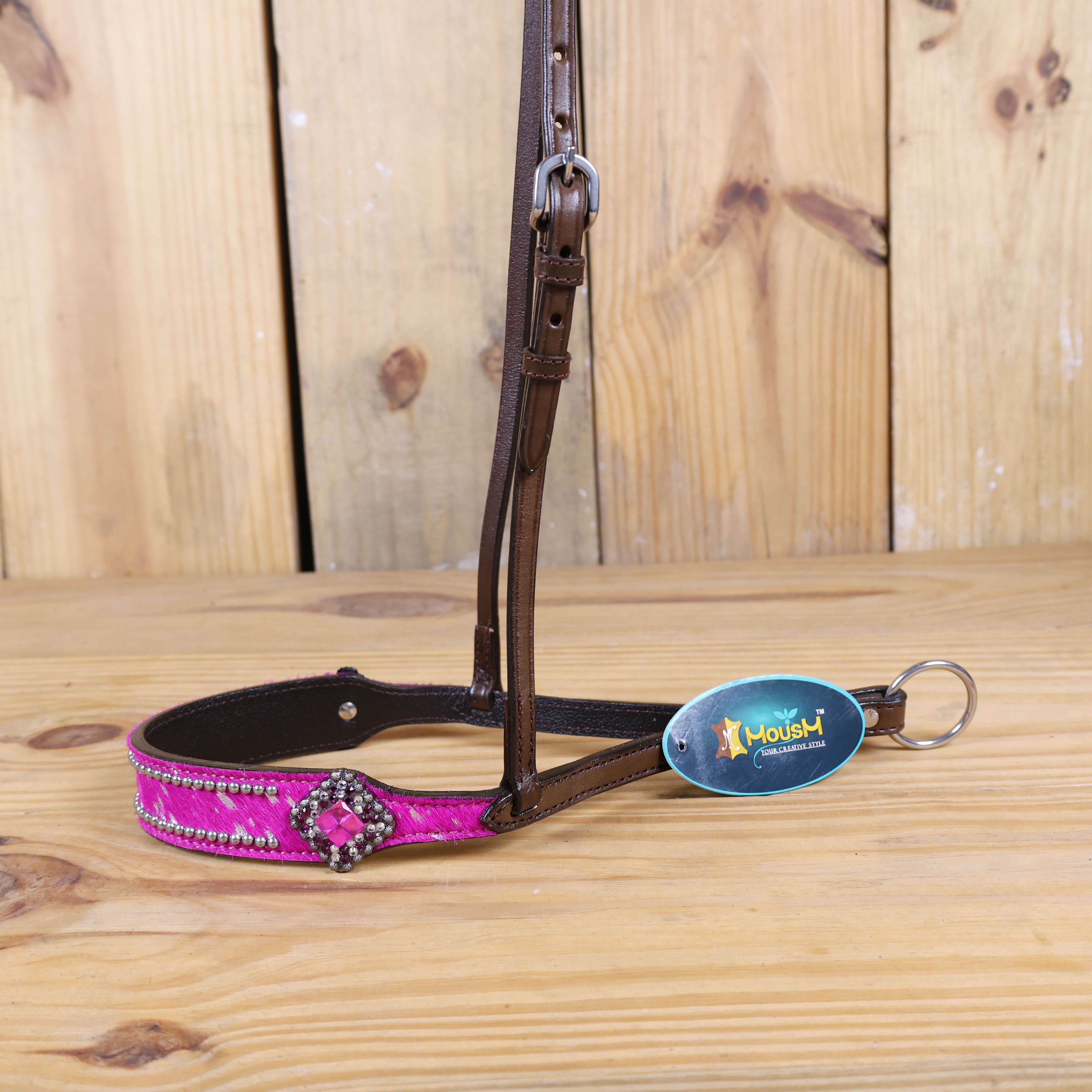 MOUSM Genuine Cow Hide Leather Tie Down Noseband with Leather Strap for Horse - Decorated with Pink Metallic Acid Wash Natural Hair On Cowhide and Rhinestone Conchos, 1 Meter Strap Length and 6/8" Inches width.
