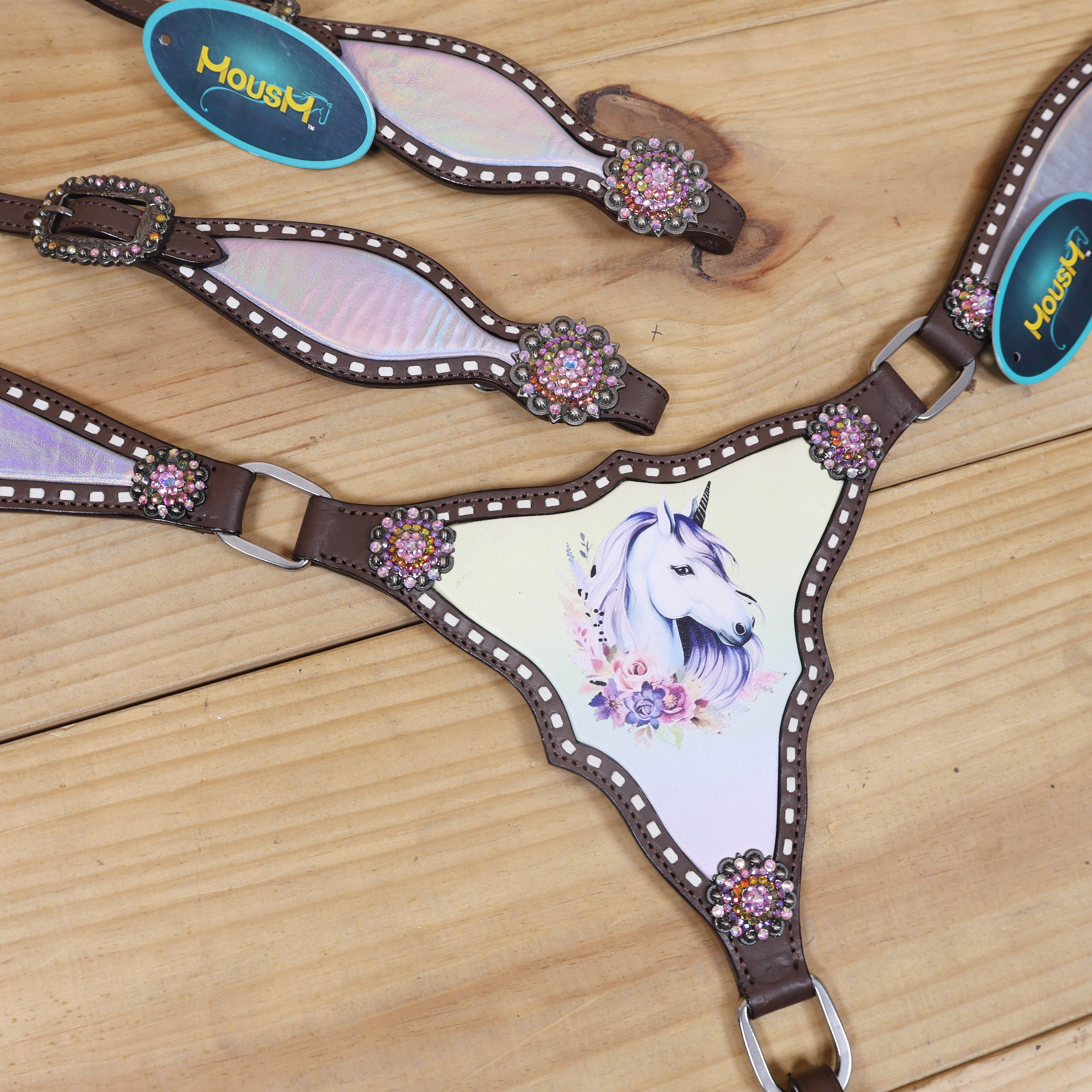 unique unicorn themed western tack set featuring gladiator style breast collar with holographic leather
