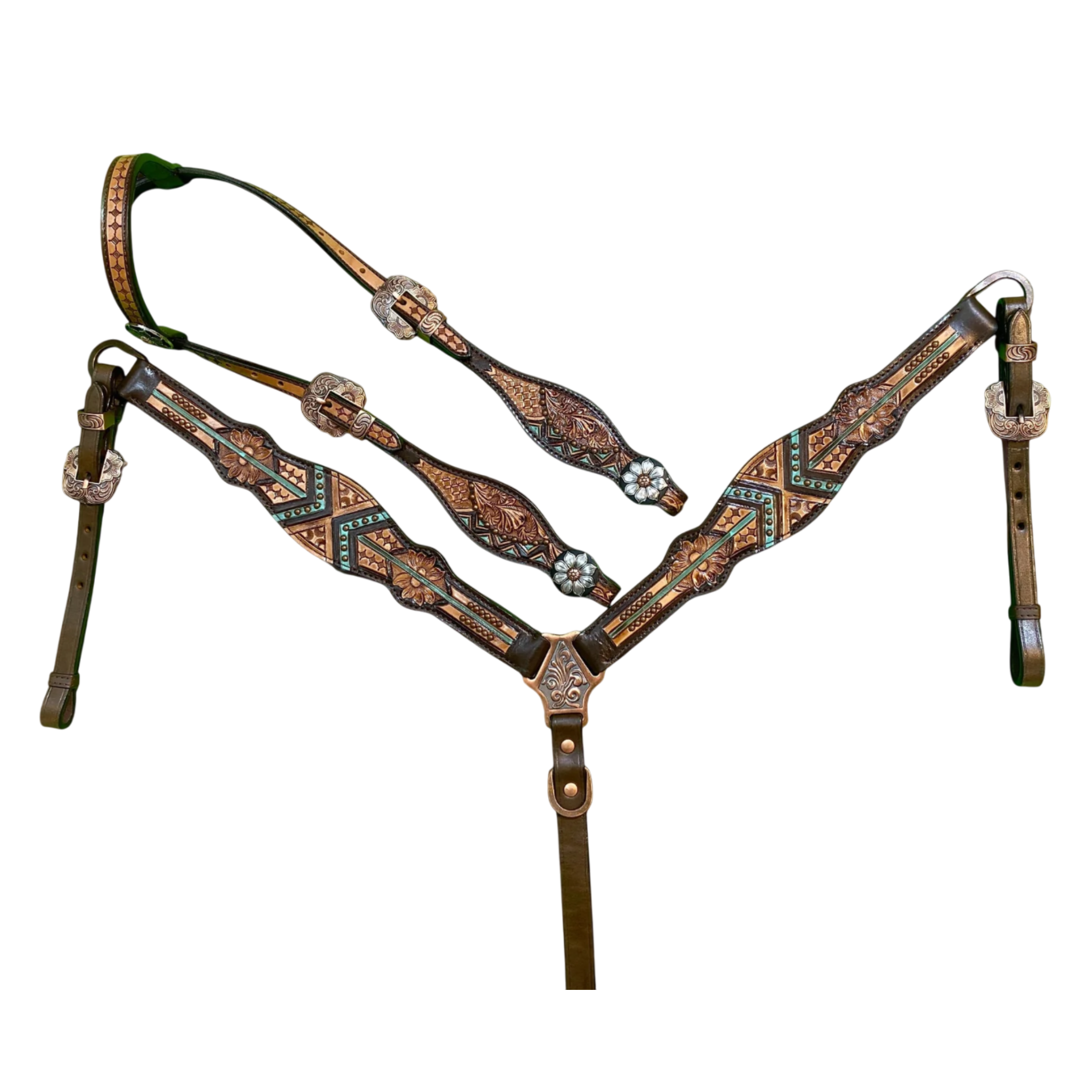 MOUSM Argentina Cow Leather Headstall and Breast Collar Set – Western Horse Tack with Geometrical Flower Carving & Copper Studs