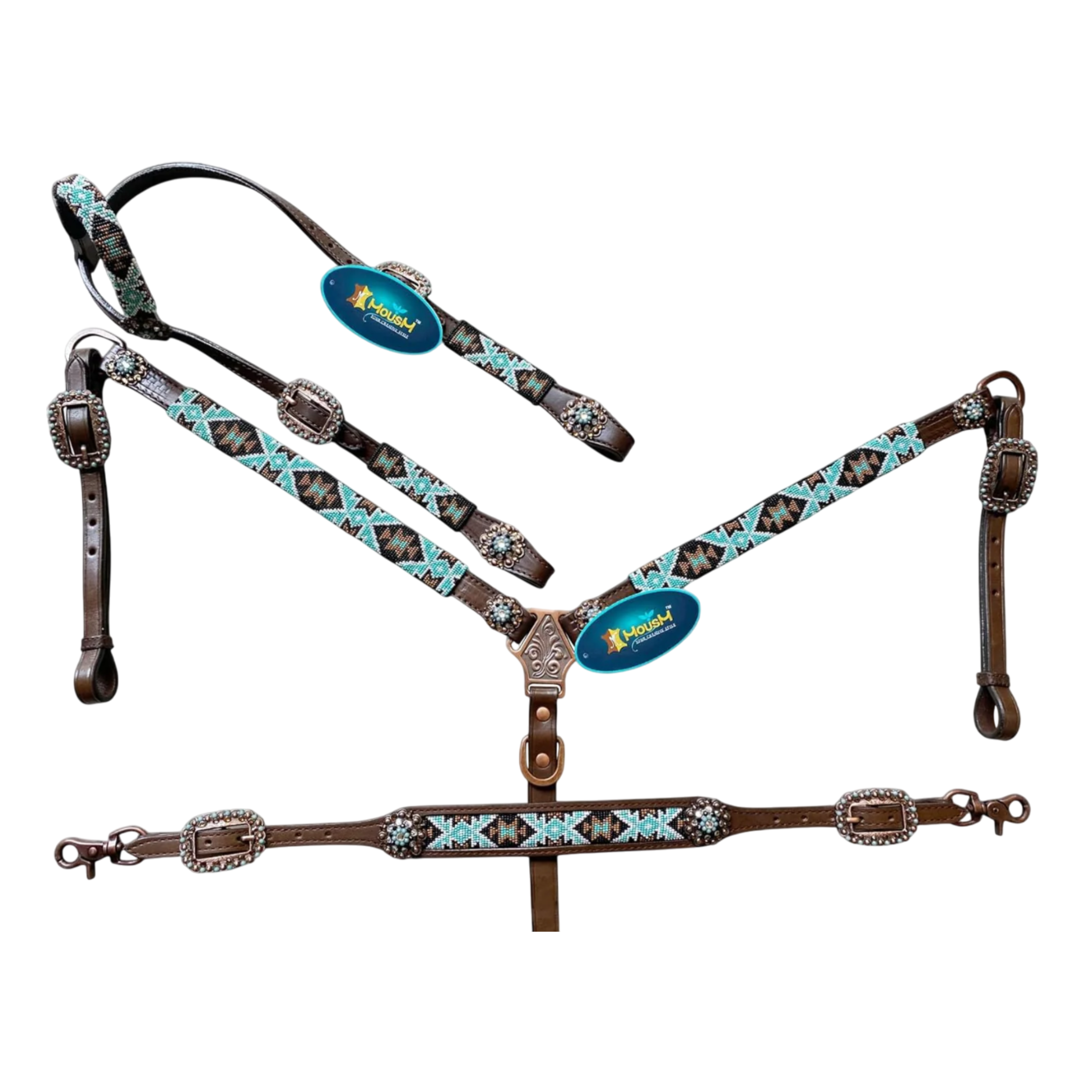 MOUSM Argentina Cow Leather Western Headstall and Breast Collar with Wither Strap Tack Set for Horse - Decorated with Hand-Beaded Turquoise & Brown Inlay