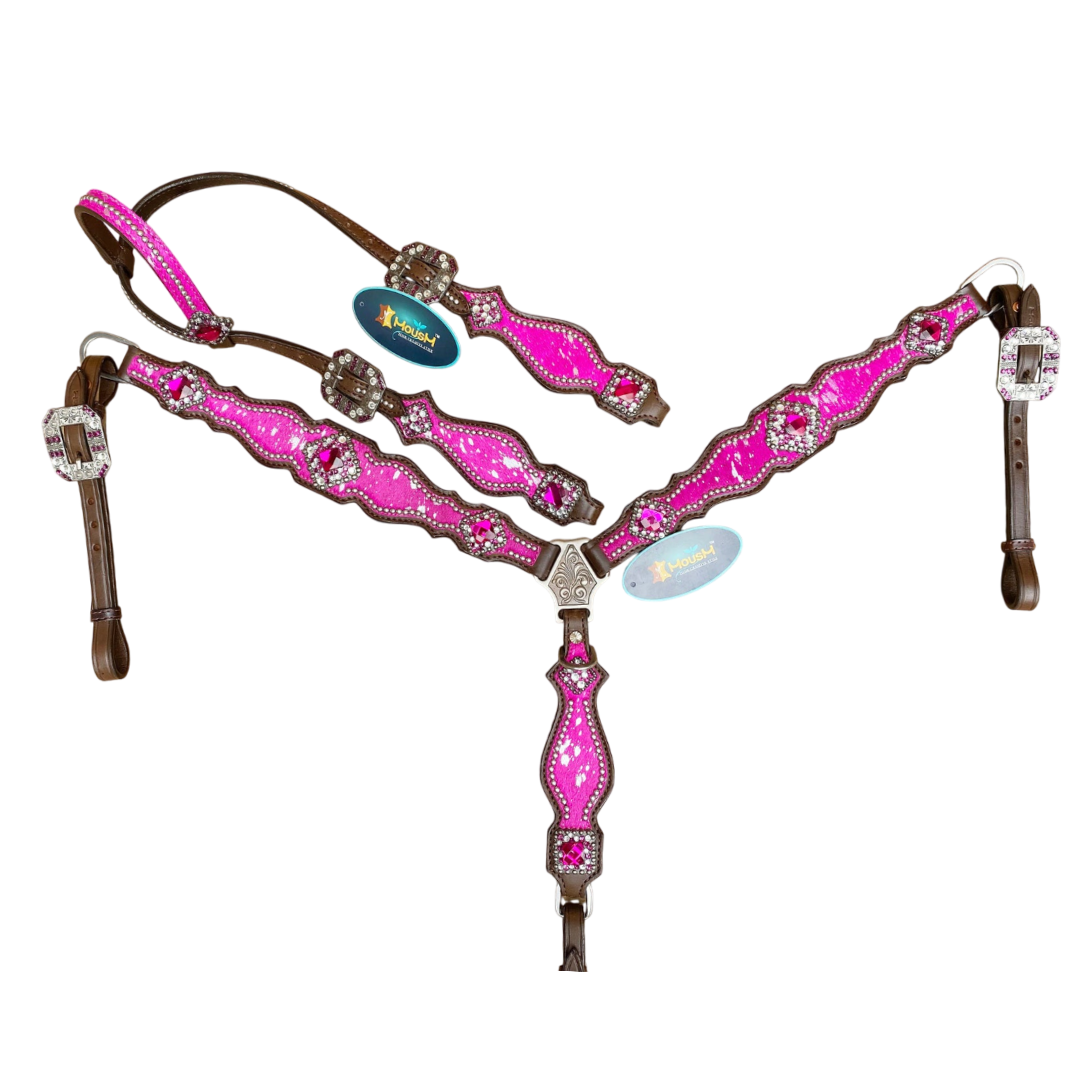 MOUSM Valentine Day Western Leather Headstall and Breast Collar Set – Pink Silver Metallic Acid Wash Cowhide with Rhinestones
