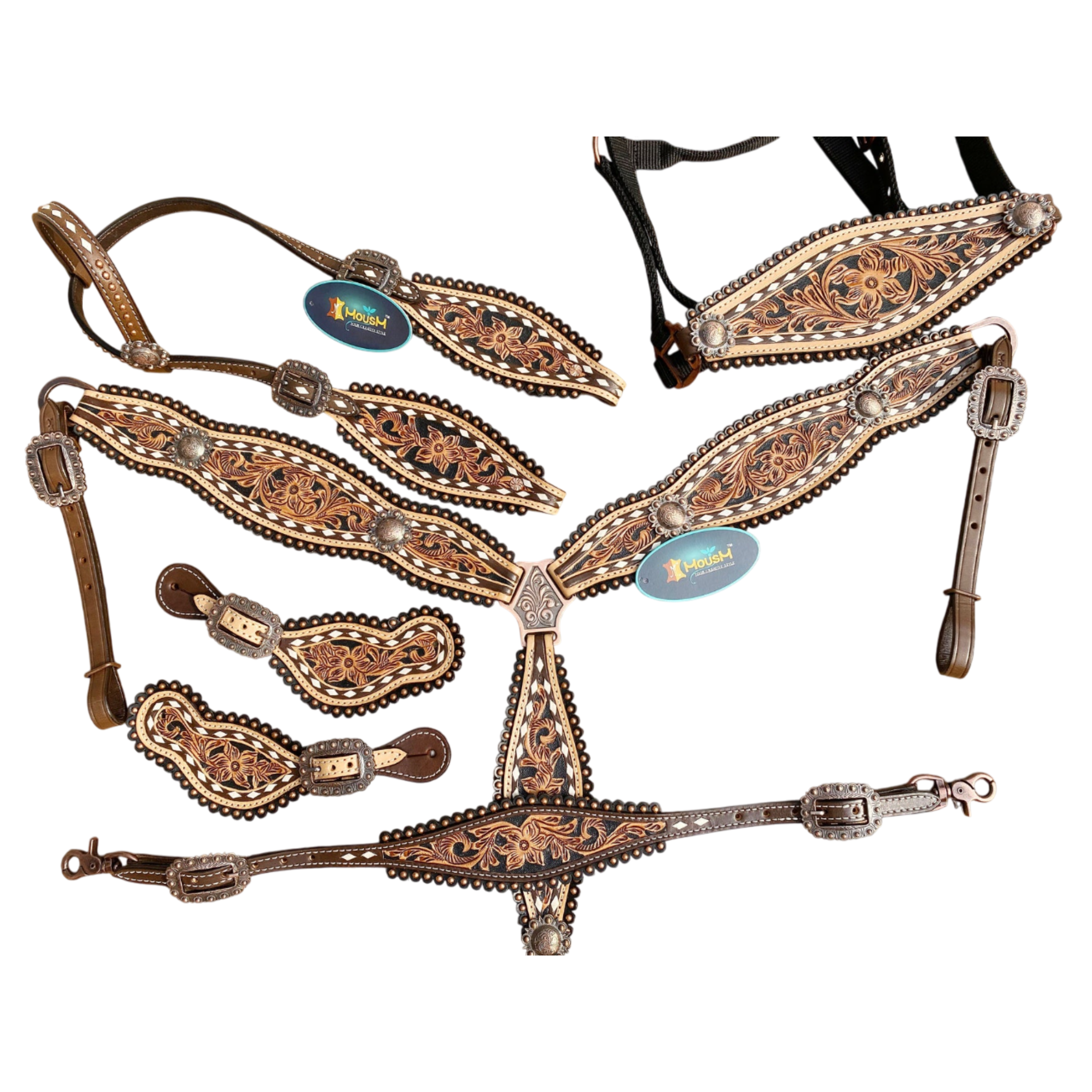 MOUSM Western Horse Tack Collection – Western Bridles and Headstalls Decorated with Hand-Tooled Flower Carving with Nickel Studs, Conchos & Rawhide Braiding