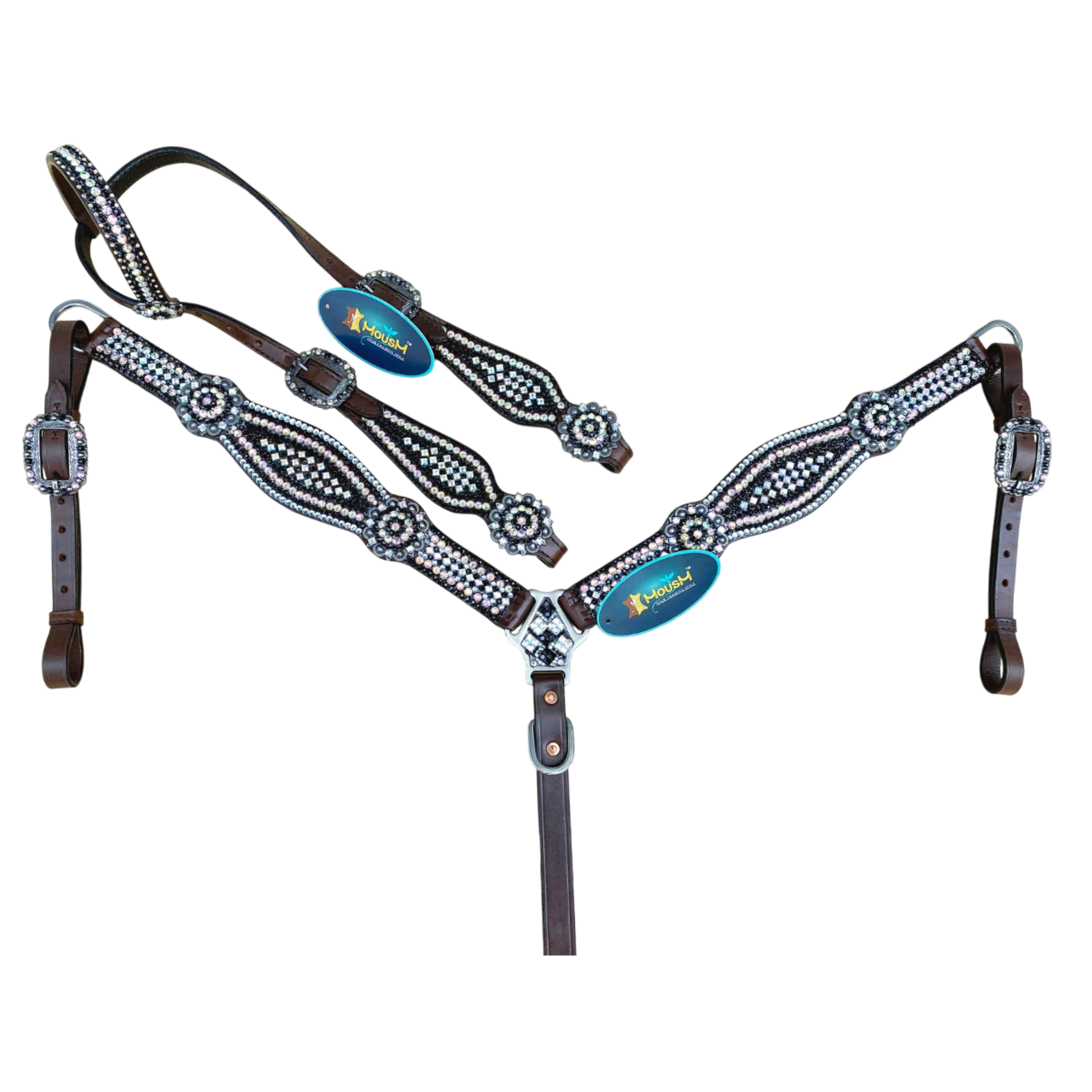 MOUSM Western Bridle and Breast Collar Set – Decorated with Pink, Silver, and Black Stones Inlay with Matching Flower Concho