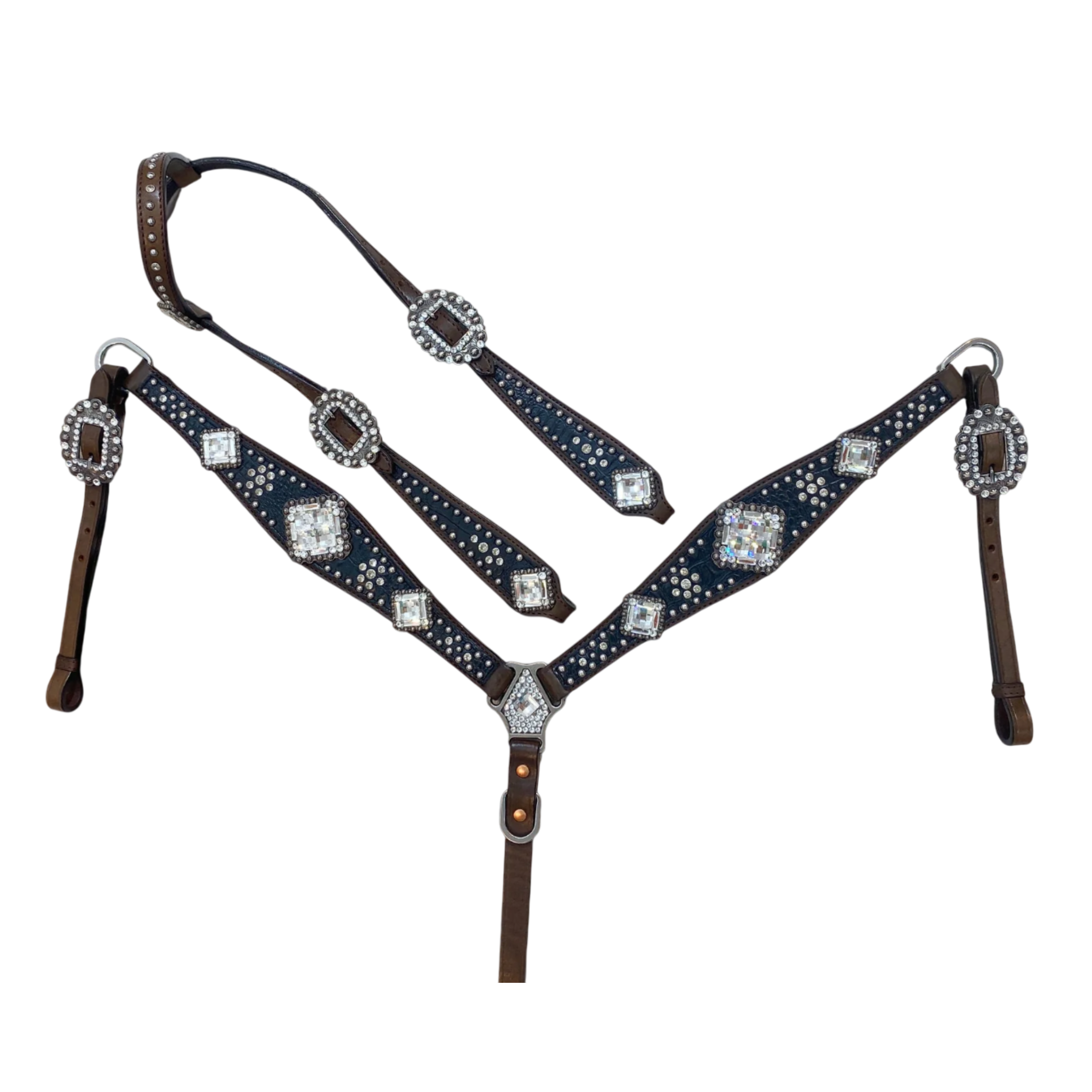 MOUSM Western Headstall and Breast Collar Set – Made from Argentina Cow Leather, Horse Tack Set with Crystal Clear Rhinestone Conchos, Nickel Studs on Black Alligator Print