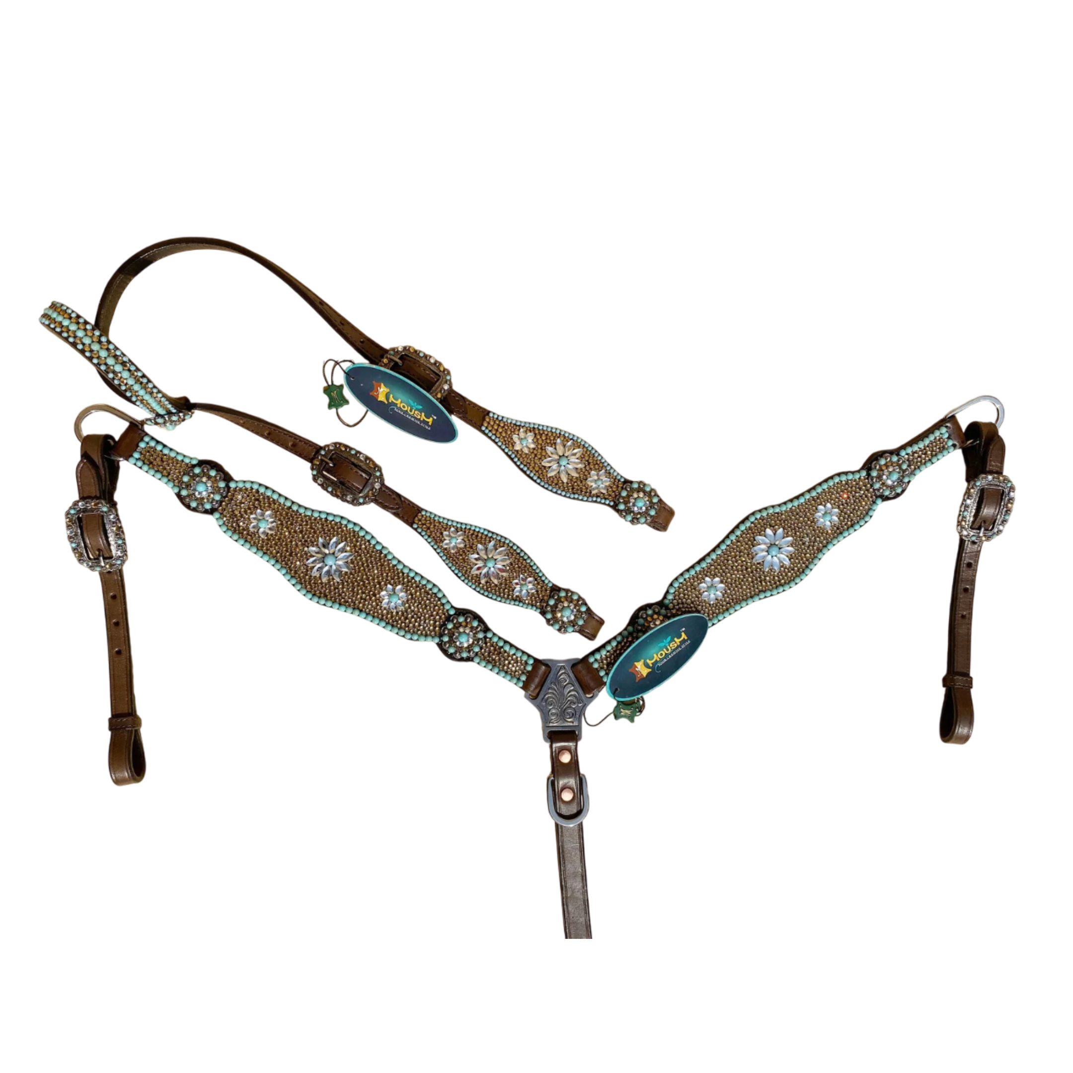 MOUSM Argentina Leather Headstall and Breast Collar Tack Set for Horse - Decorated with Golden Beads & Turquoise Flower Stones