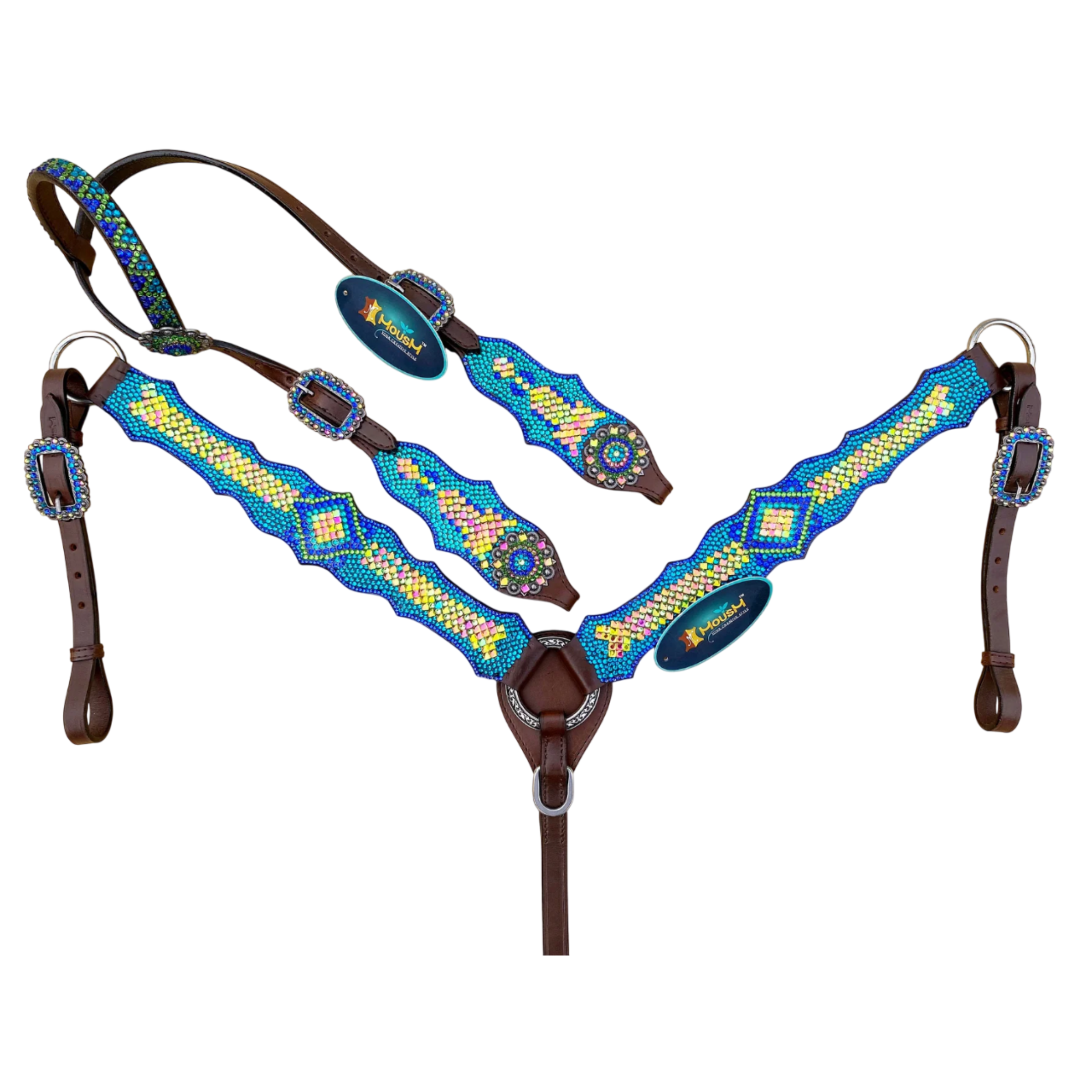 MOUSM Argentina Cow Leather Western Bridle and Breast Collar Set - Decorated with Blue, Turquoise, Green Yellow and Pink rhinestones flower concho
