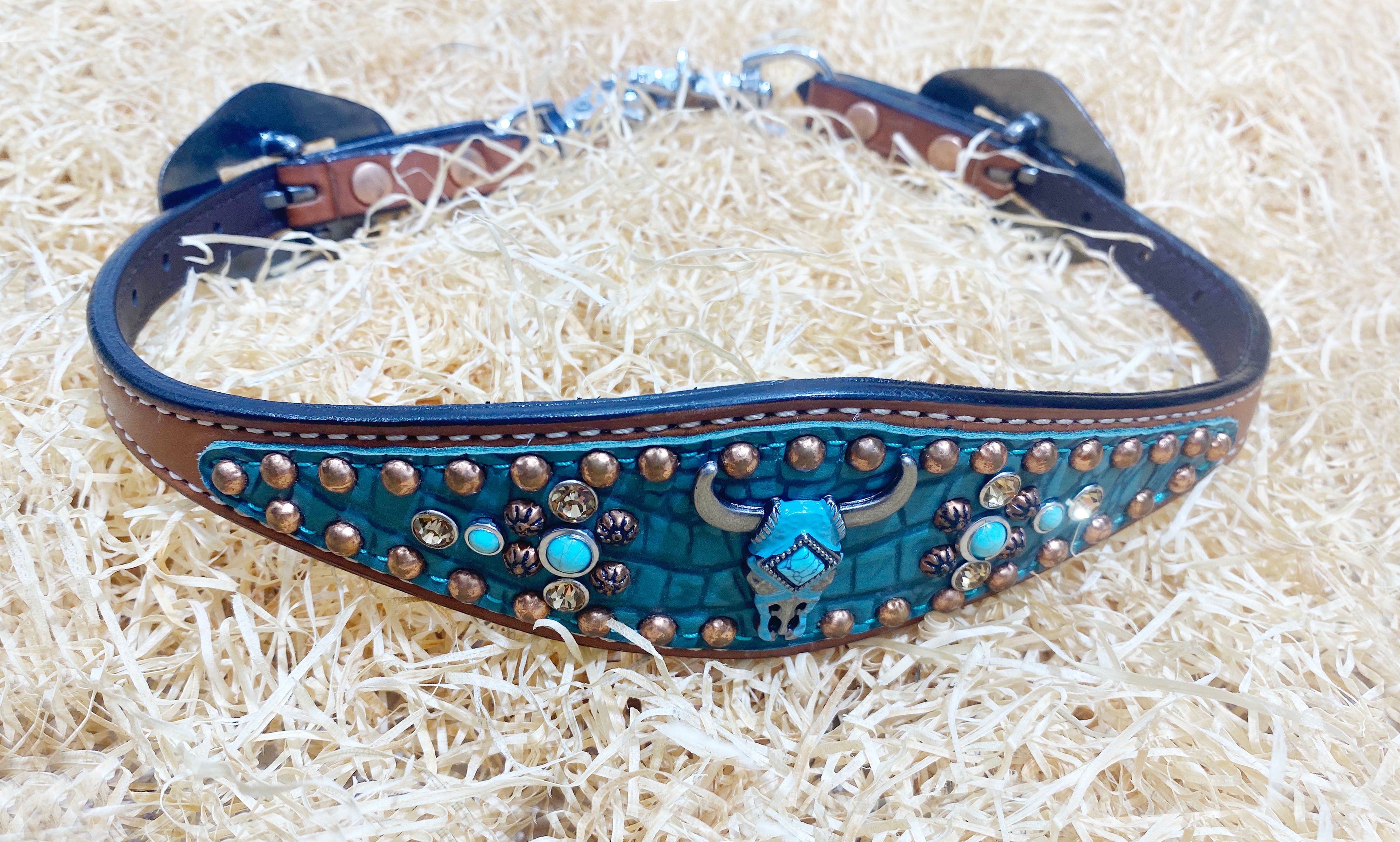 MOUSM Western Horse Tack Set - Leather Headstall and Breast Collar Tack Set with Teal Alligator & Turquoise Bull Head Conchos with Copper Studs Overlay