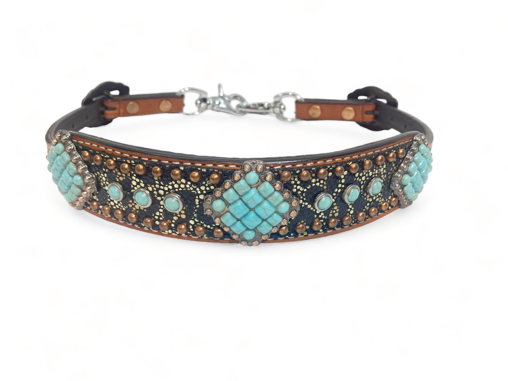 MOUSM Western Headstall & Breast Collar Set – Made with Argentina Cow Leather, Western Horse Tack Decorated with Leopard Print and Turquoise Stone Overlay, Antique Copper Hardware