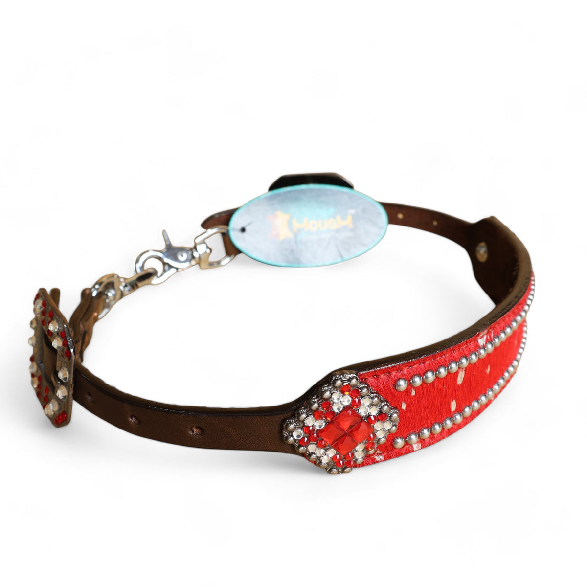 MOUSM Western Wither Strap - Stylish Horse Tack Accessory Decorated with Red Metallic Acid Wash Cowhide, Surrounded by Silver Studs, Shining Rhinestone Conchos