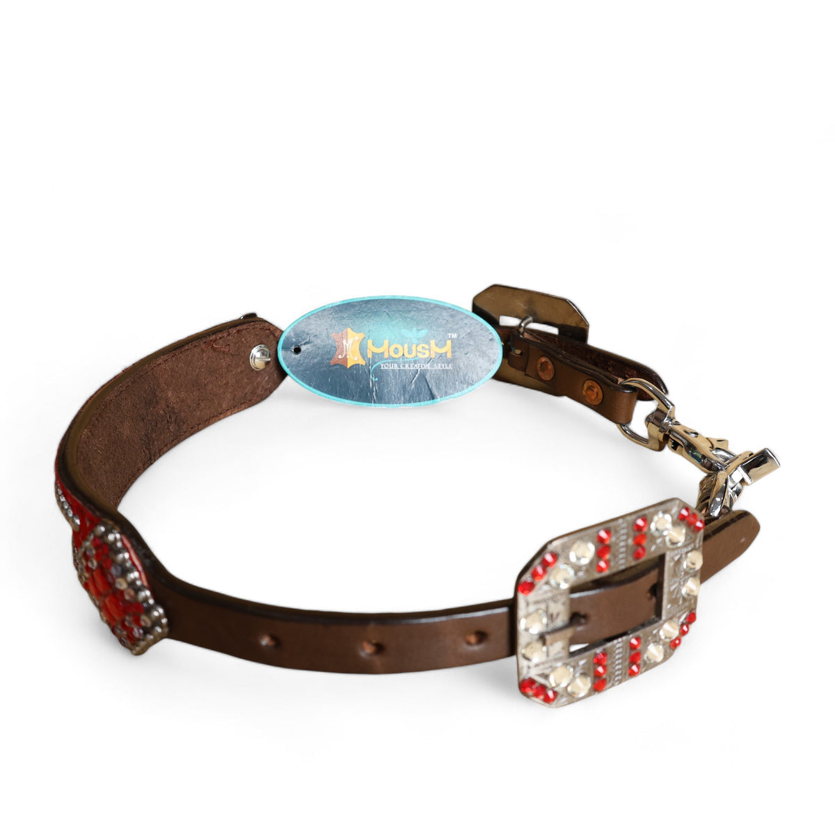 MOUSM Western Wither Strap - Stylish Horse Tack Accessory Decorated with Red Metallic Acid Wash Cowhide, Surrounded by Silver Studs, Shining Rhinestone Conchos