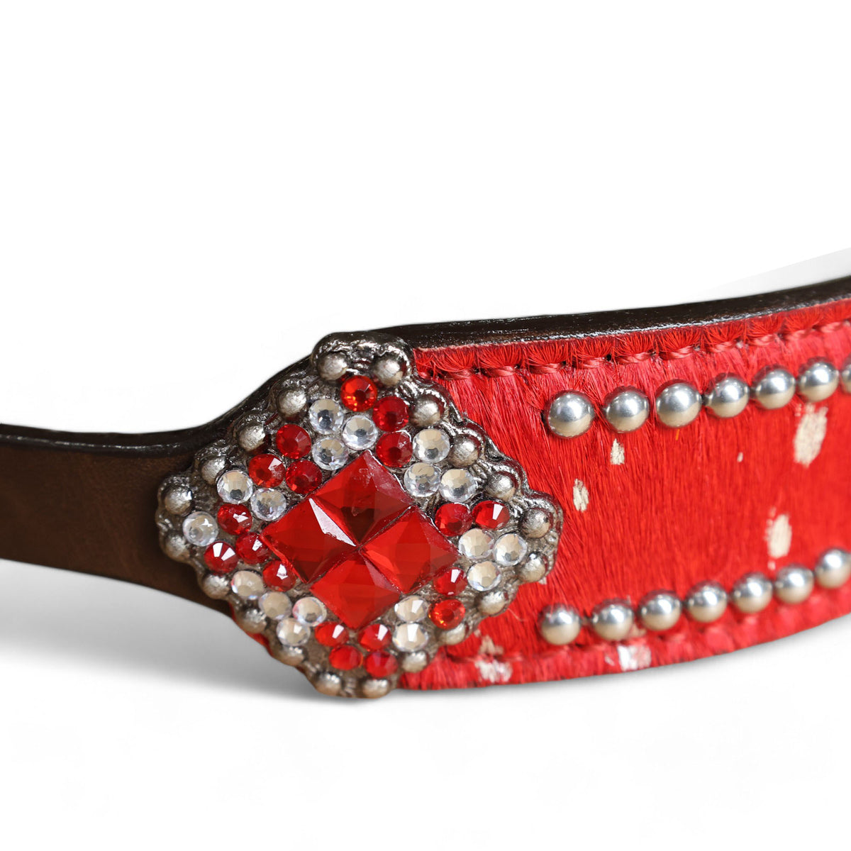 MOUSM Western Wither Strap - Stylish Horse Tack Accessory Decorated with Red Metallic Acid Wash Cowhide, Surrounded by Silver Studs, Shining Rhinestone Conchos