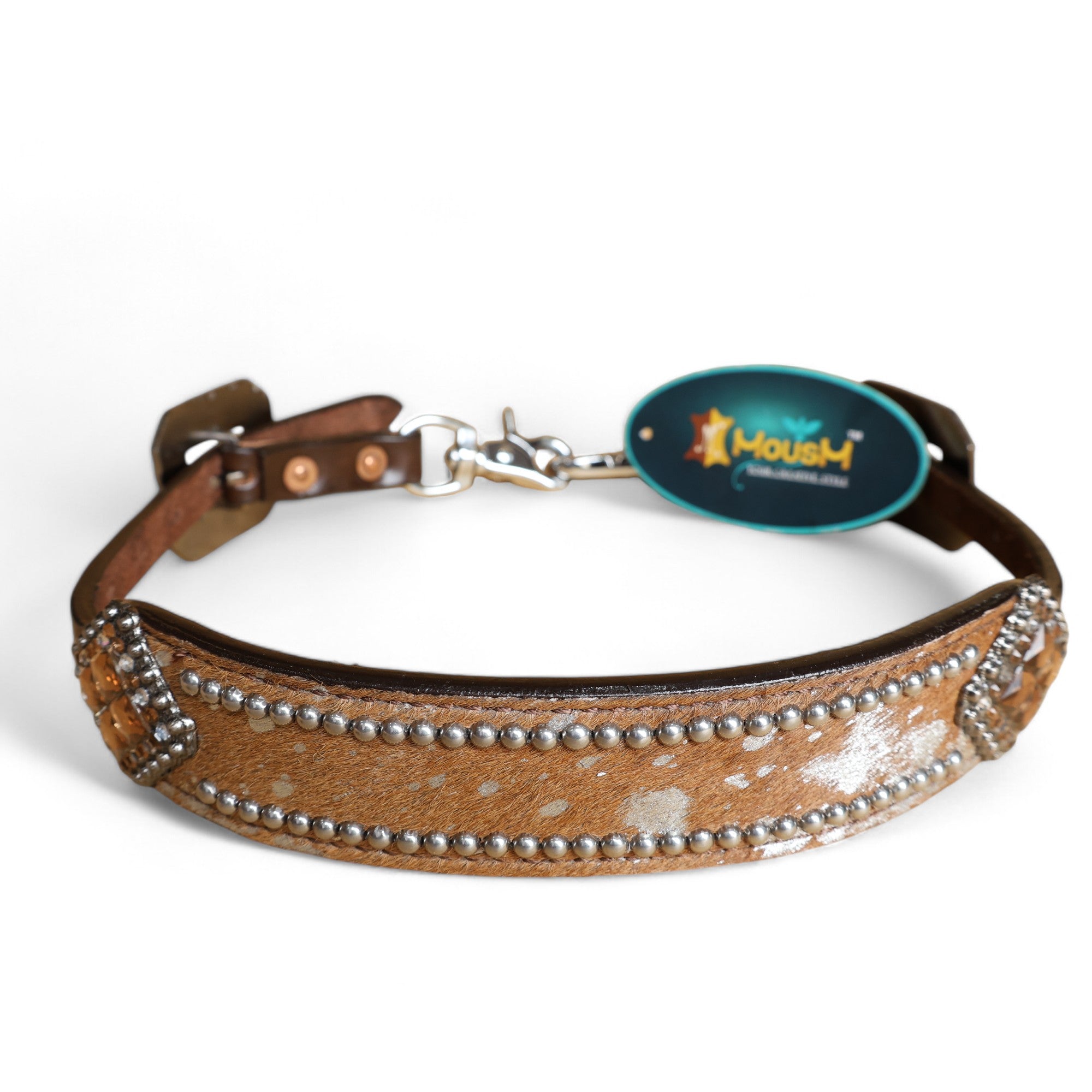 MOUSM Western Wither Strap - Stylish Horse Tack Accessory Decorated with Tan Brown Metallic Acid Wash Cowhide, Surrounded by Silver Studs, Shining Rhinestone Conchos
