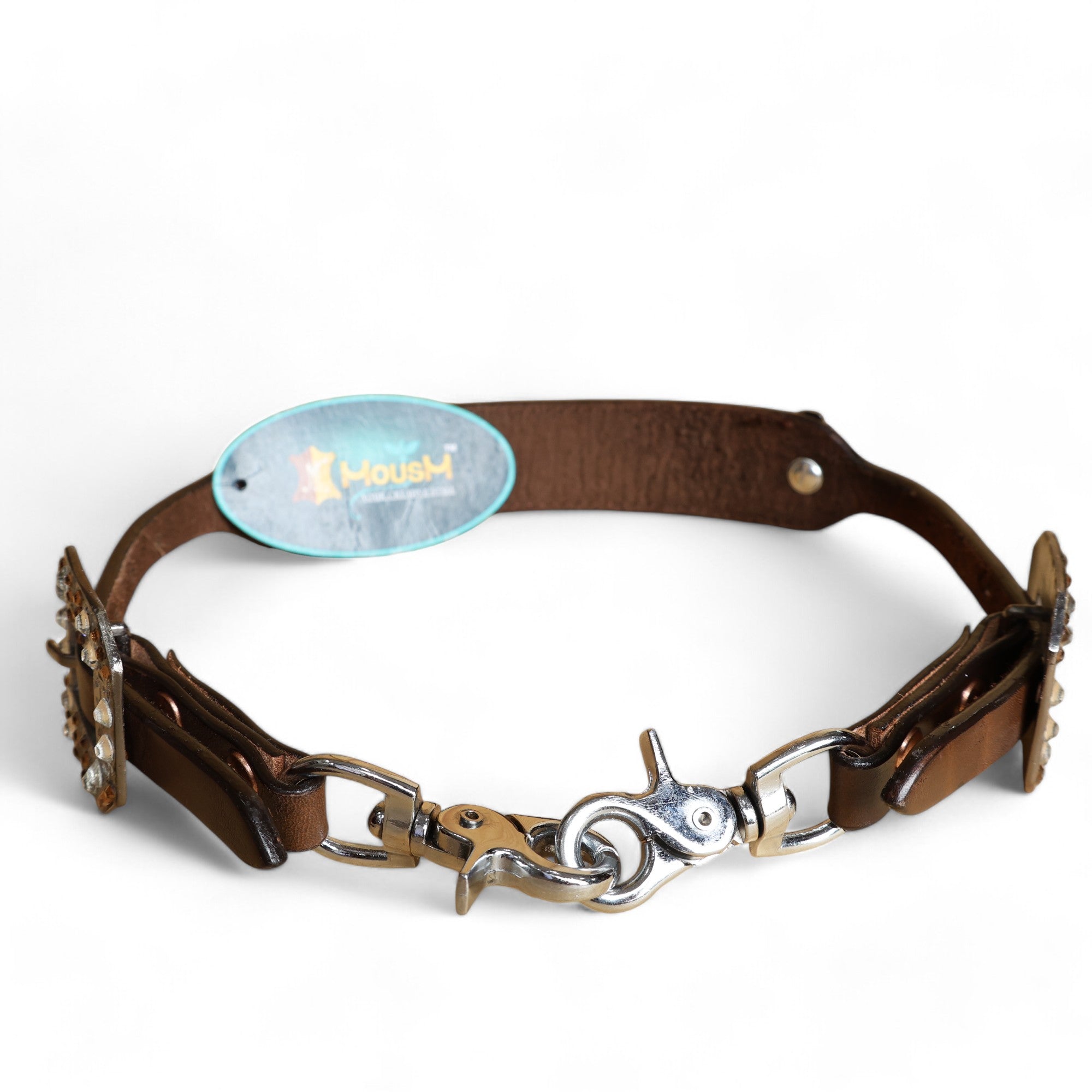 MOUSM Western Wither Strap - Stylish Horse Tack Accessory Decorated with Tan Brown Metallic Acid Wash Cowhide, Surrounded by Silver Studs, Shining Rhinestone Conchos