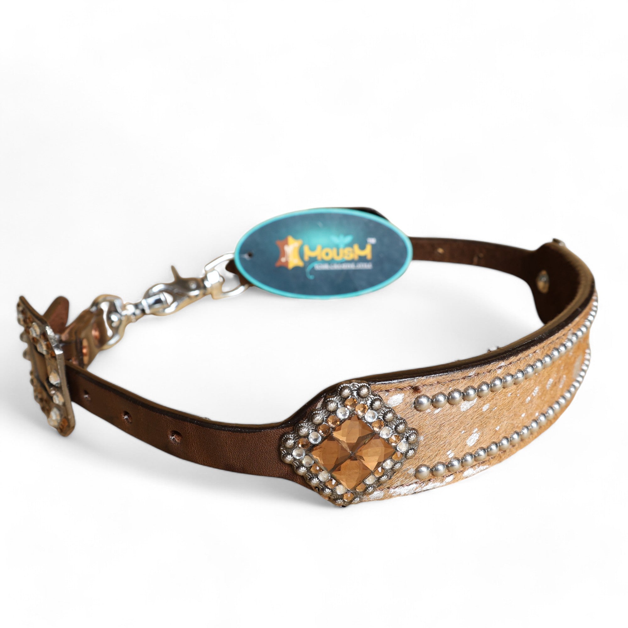 MOUSM Western Wither Strap - Stylish Horse Tack Accessory Decorated with Tan Brown Metallic Acid Wash Cowhide, Surrounded by Silver Studs, Shining Rhinestone Conchos